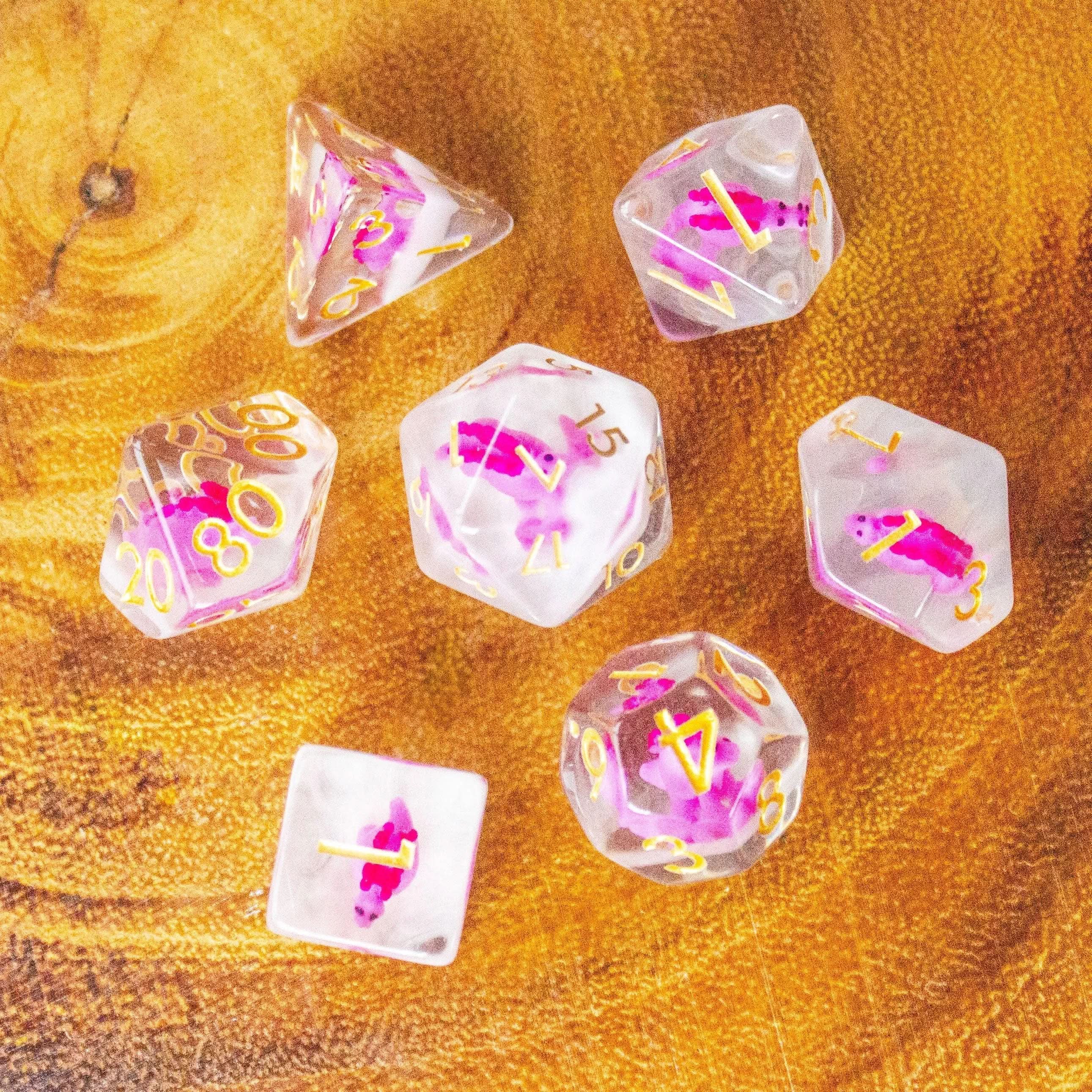 Pink Dinosaurs TTRPG Filled Dice Set| Transparent See through Dice (7) | Polyhedral Dice - MysteryDiceGoblins