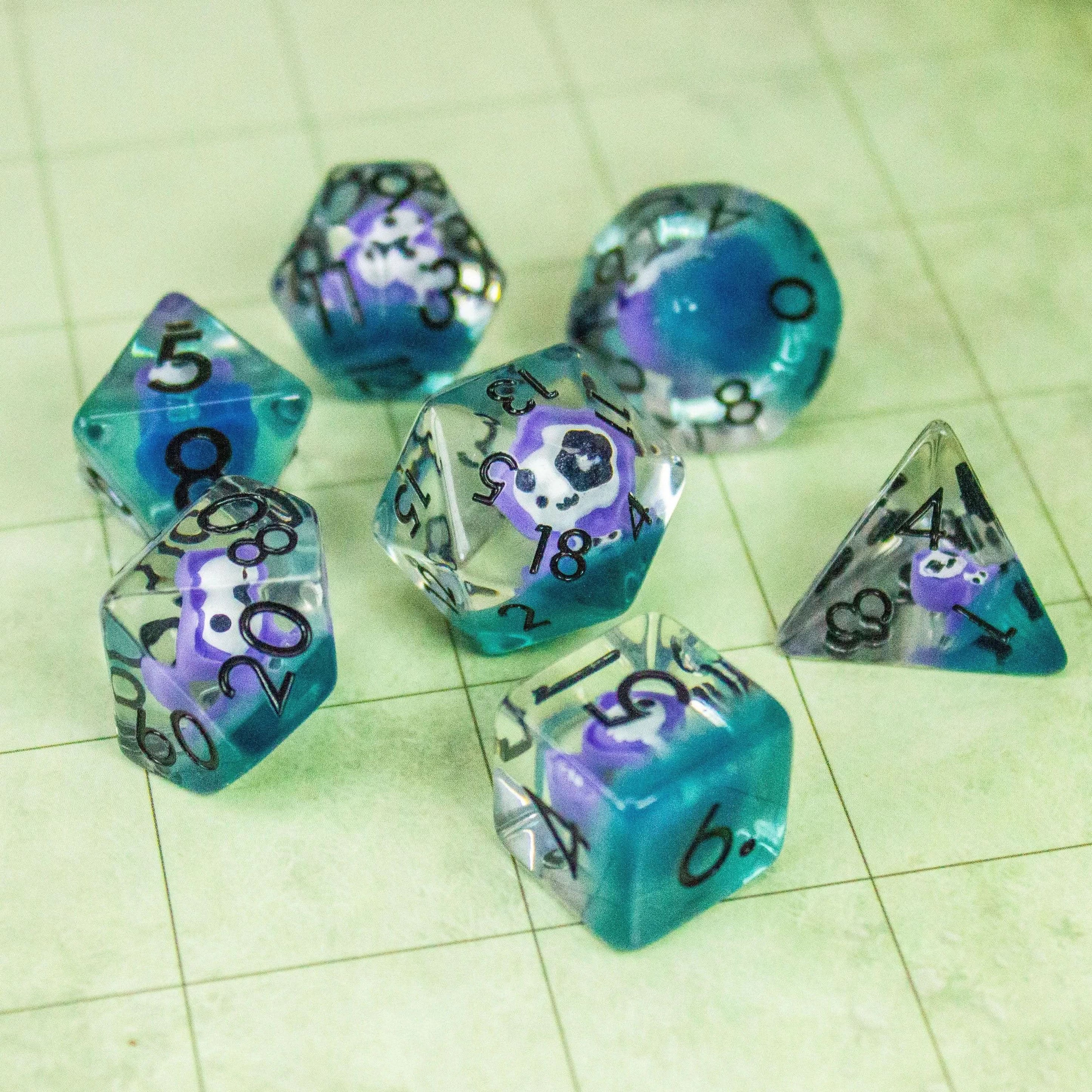 Purple Grim Reaper TTRPG Dice Set| Red and Clear Transparent Dice (7) | Polyhedral Dice - MysteryDiceGoblins