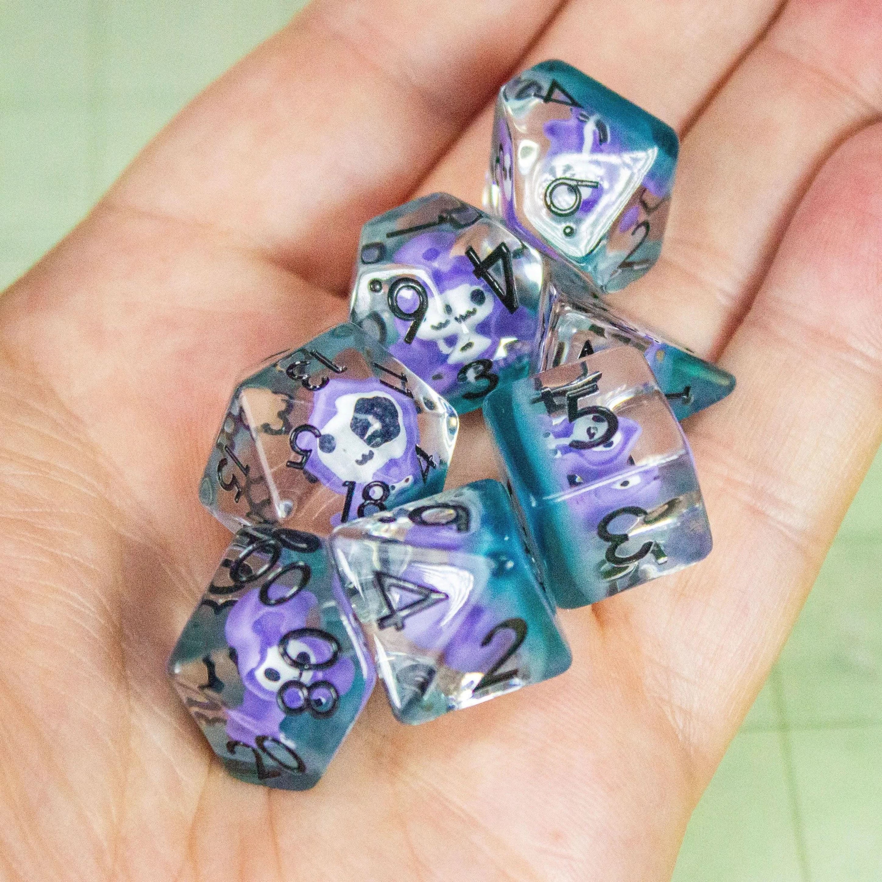 Purple Grim Reaper TTRPG Dice Set| Red and Clear Transparent Dice (7) | Polyhedral Dice - MysteryDiceGoblins