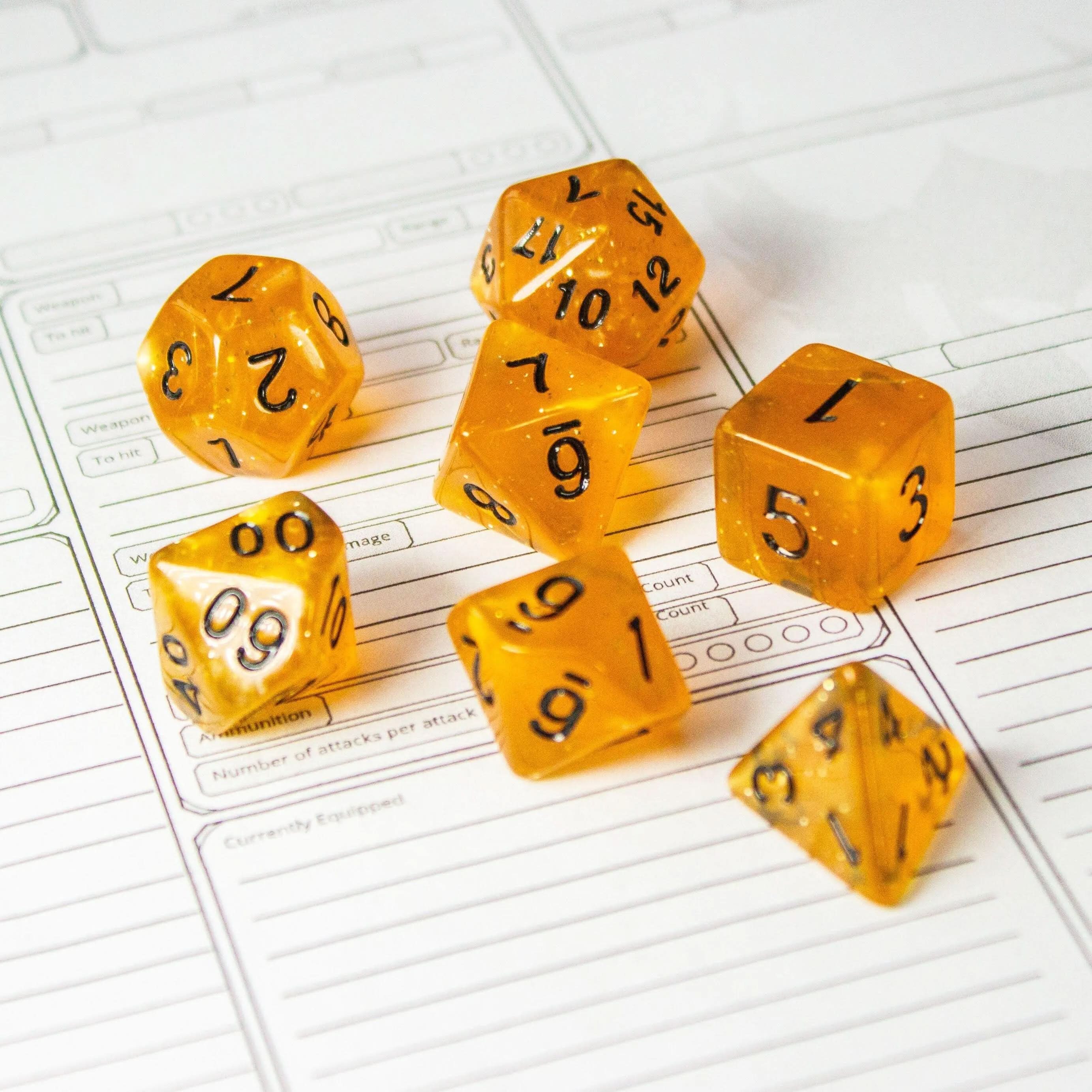 Honey Shimmer Dice With Black Numbers TTRPG Dice, roll with sophistication with these blue polyhedral dice Organge Amber - MysteryDiceGoblins