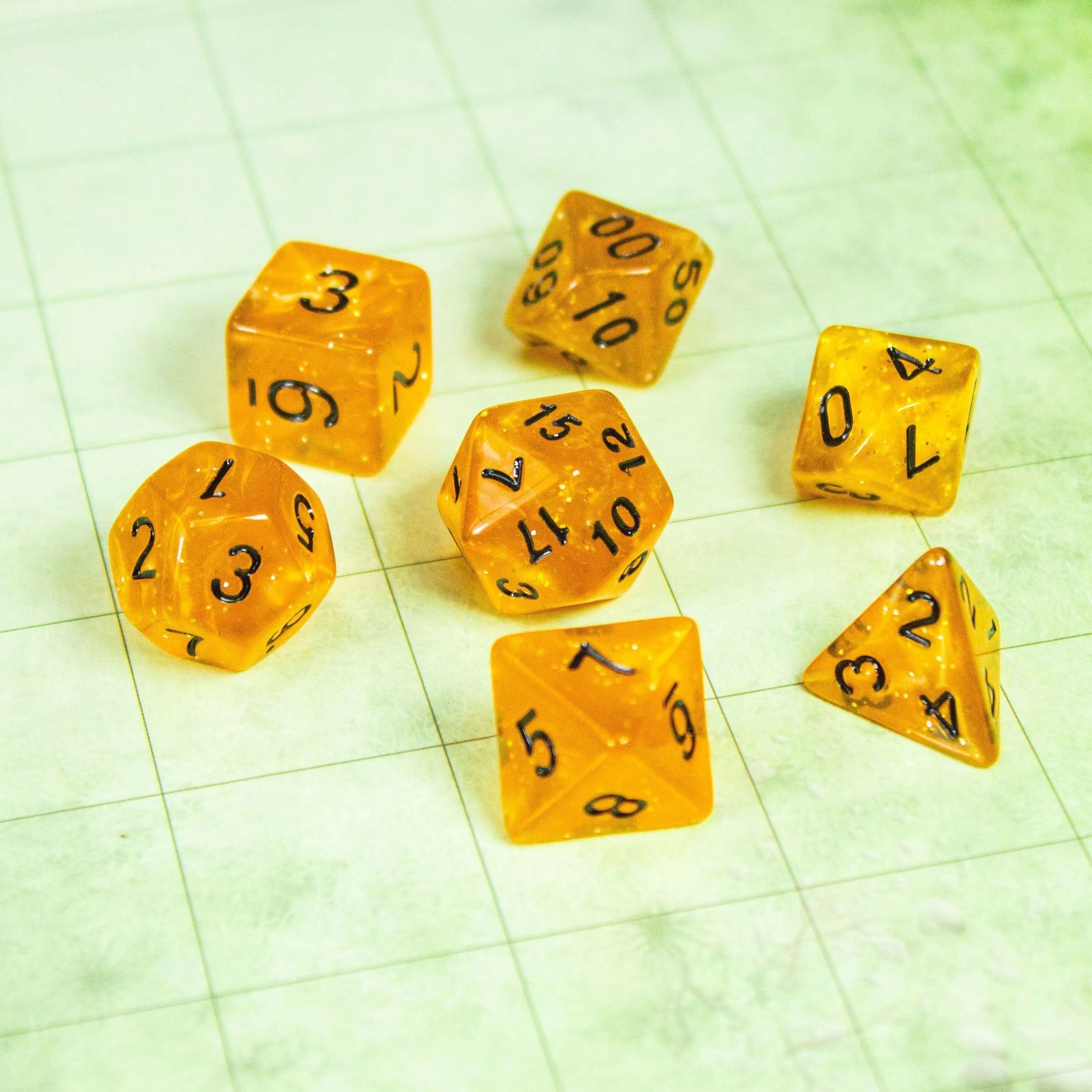 Honey Shimmer Dice With Black Numbers TTRPG Dice, roll with sophistication with these blue polyhedral dice Organge Amber - MysteryDiceGoblins