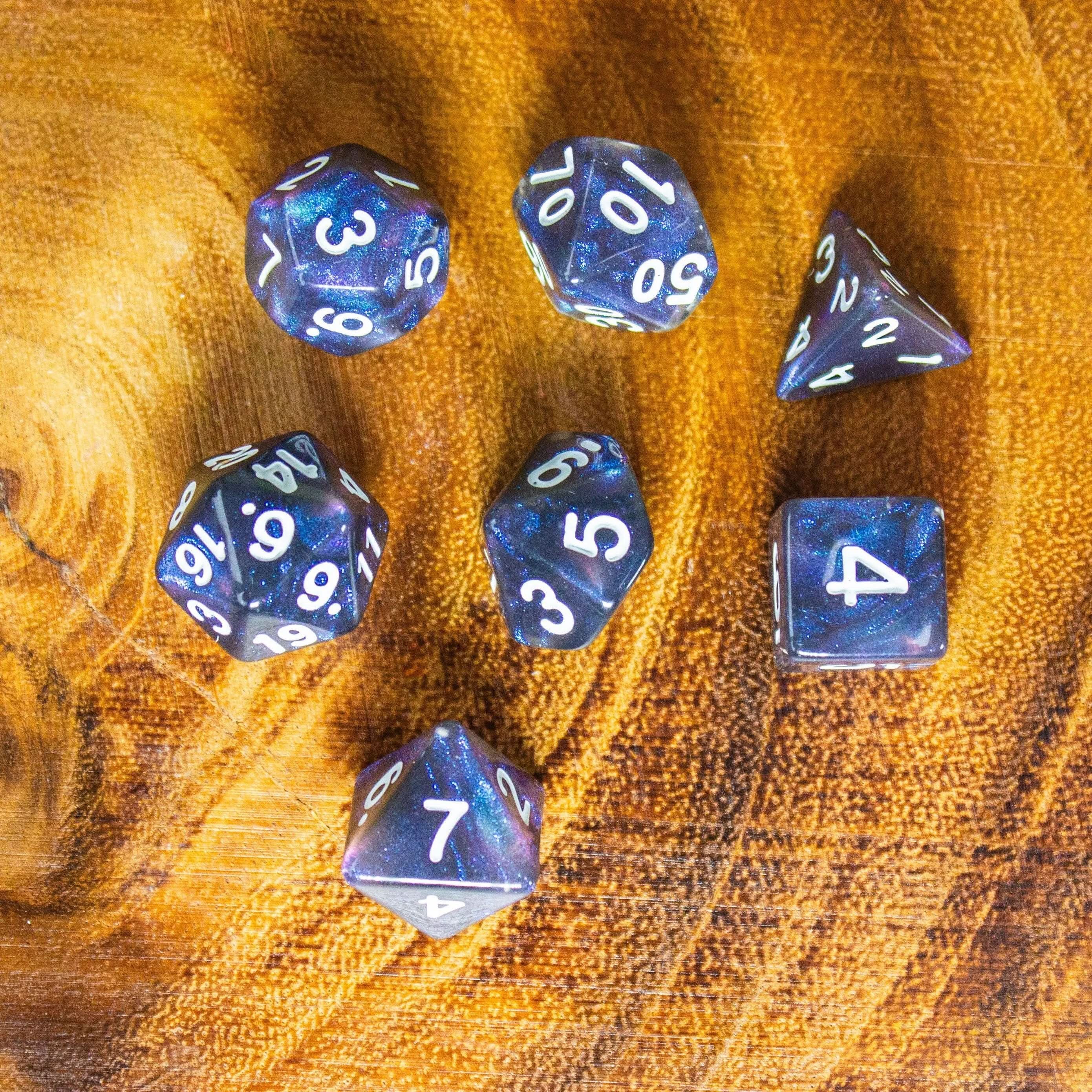 Blue Navy Shimmer Dice With White Nunbers TTRPG Dice, roll with sophistication with these blue polyhedral dice - MysteryDiceGoblins