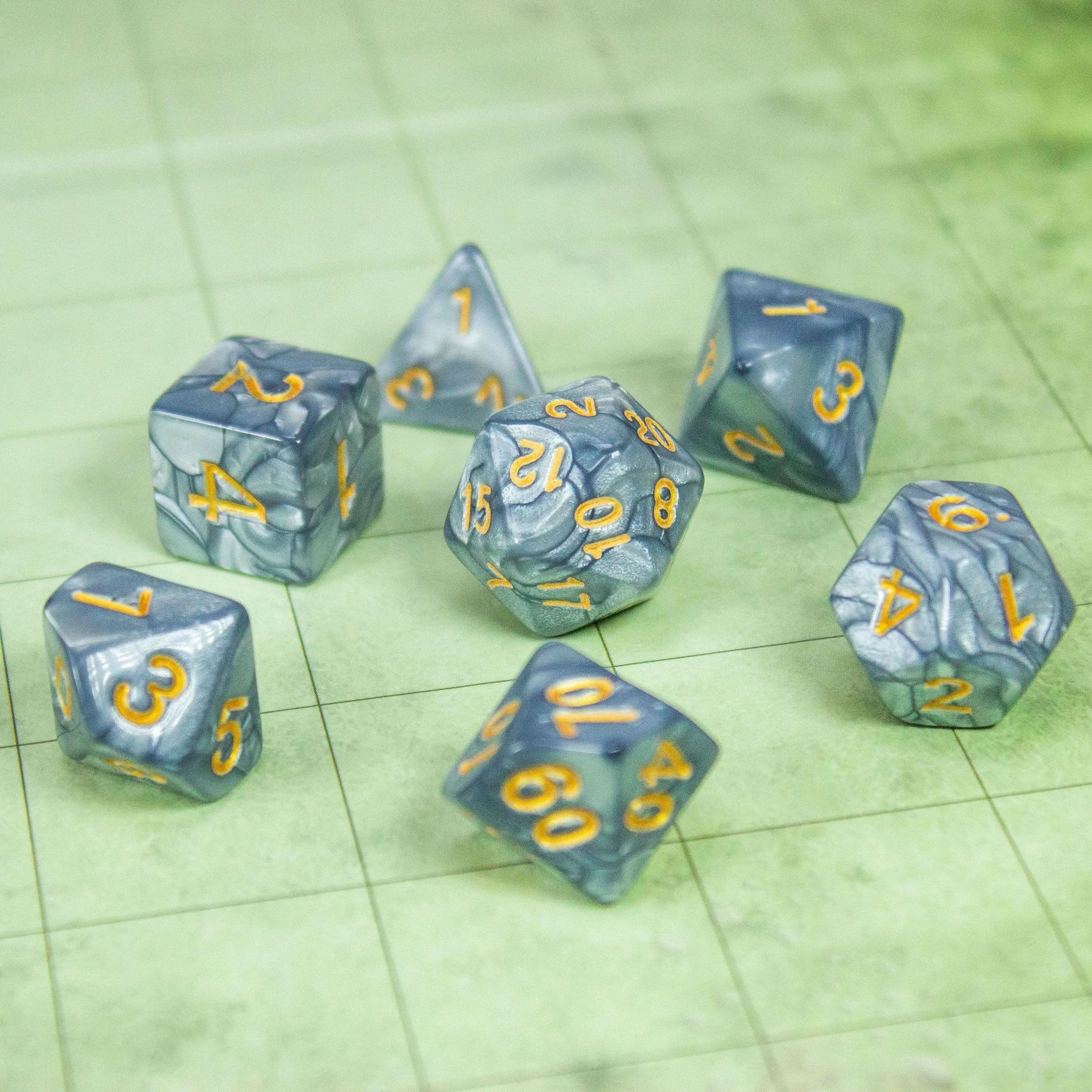 Pearl Silver TTRPG Dice Set| Silver Dice (7) | Polyhedral Dice Gold Numbers - MysteryDiceGoblins