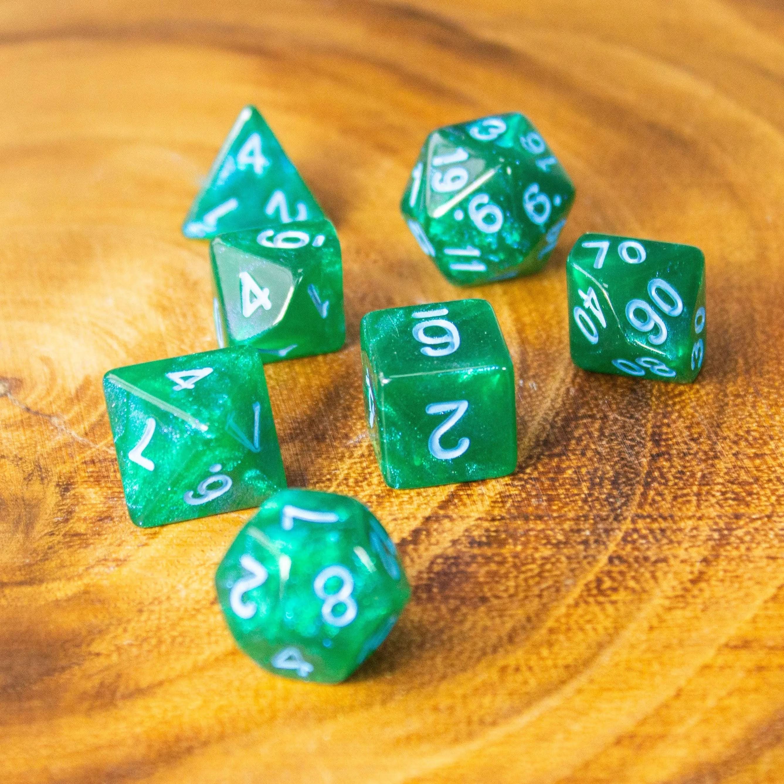 Moss Shimmer Dice Set | Green Dice for TTRPG | (7) | Polyhedral Green Numbers Blue - MysteryDiceGoblins