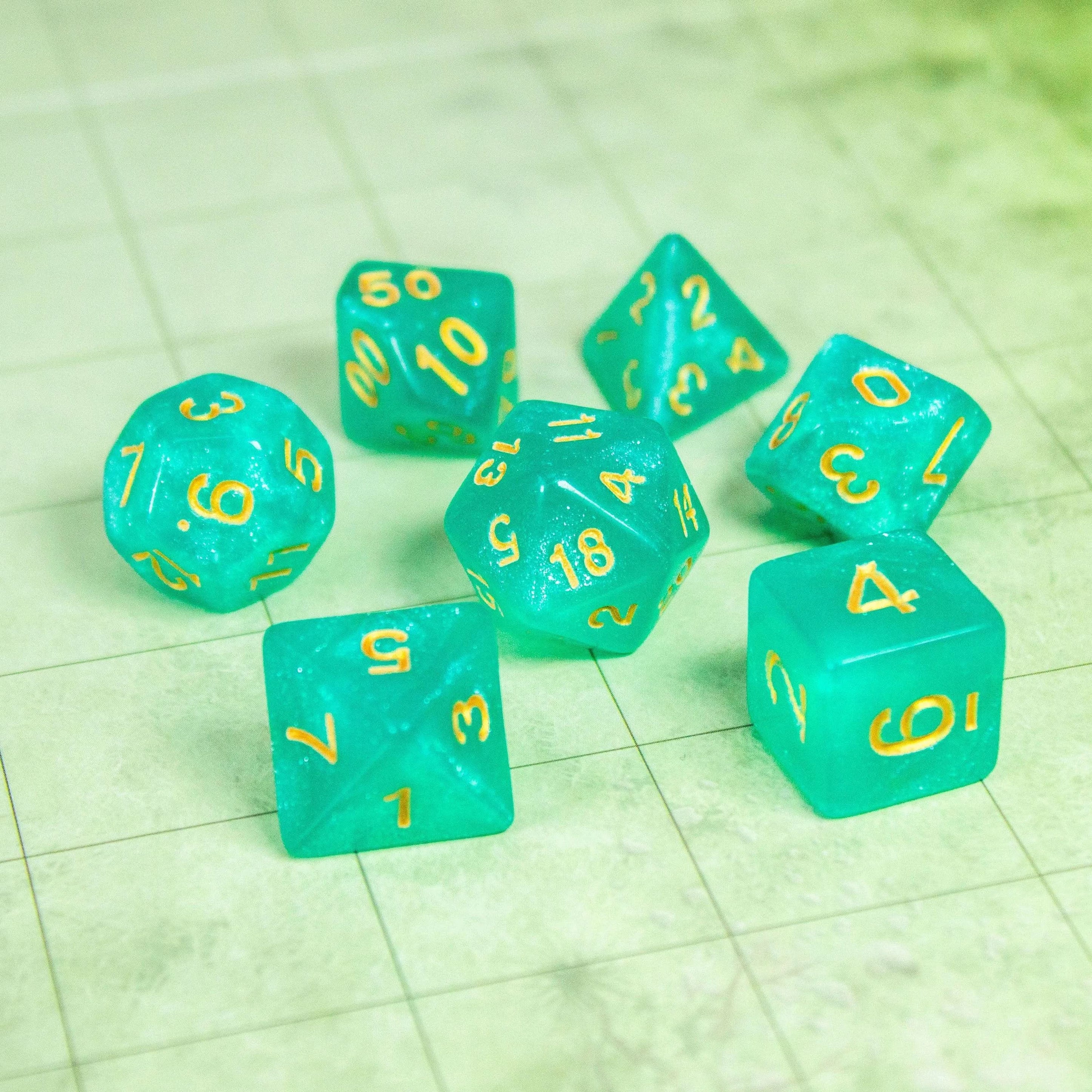 Turquoise Shimmer Dice Set | Brown Dice for TTRPG | Green and Gold Dice (7) | Polyhedral White Dice | White Numbers - MysteryDiceGoblins
