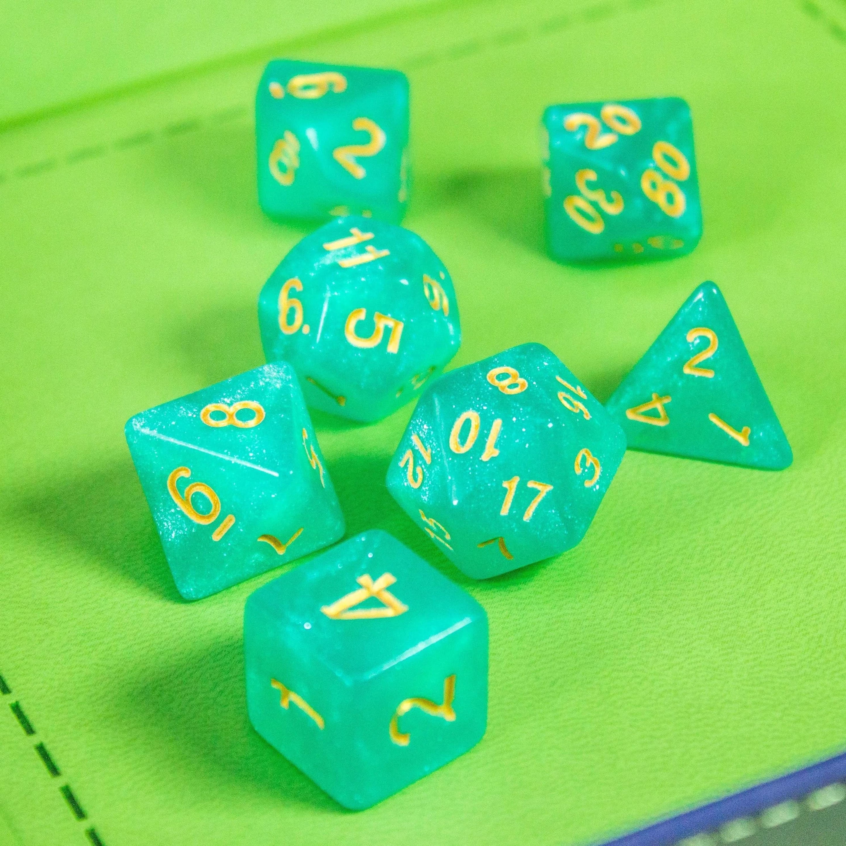 Turquoise Shimmer Dice Set | Brown Dice for TTRPG | Green and Gold Dice (7) | Polyhedral White Dice | White Numbers - MysteryDiceGoblins