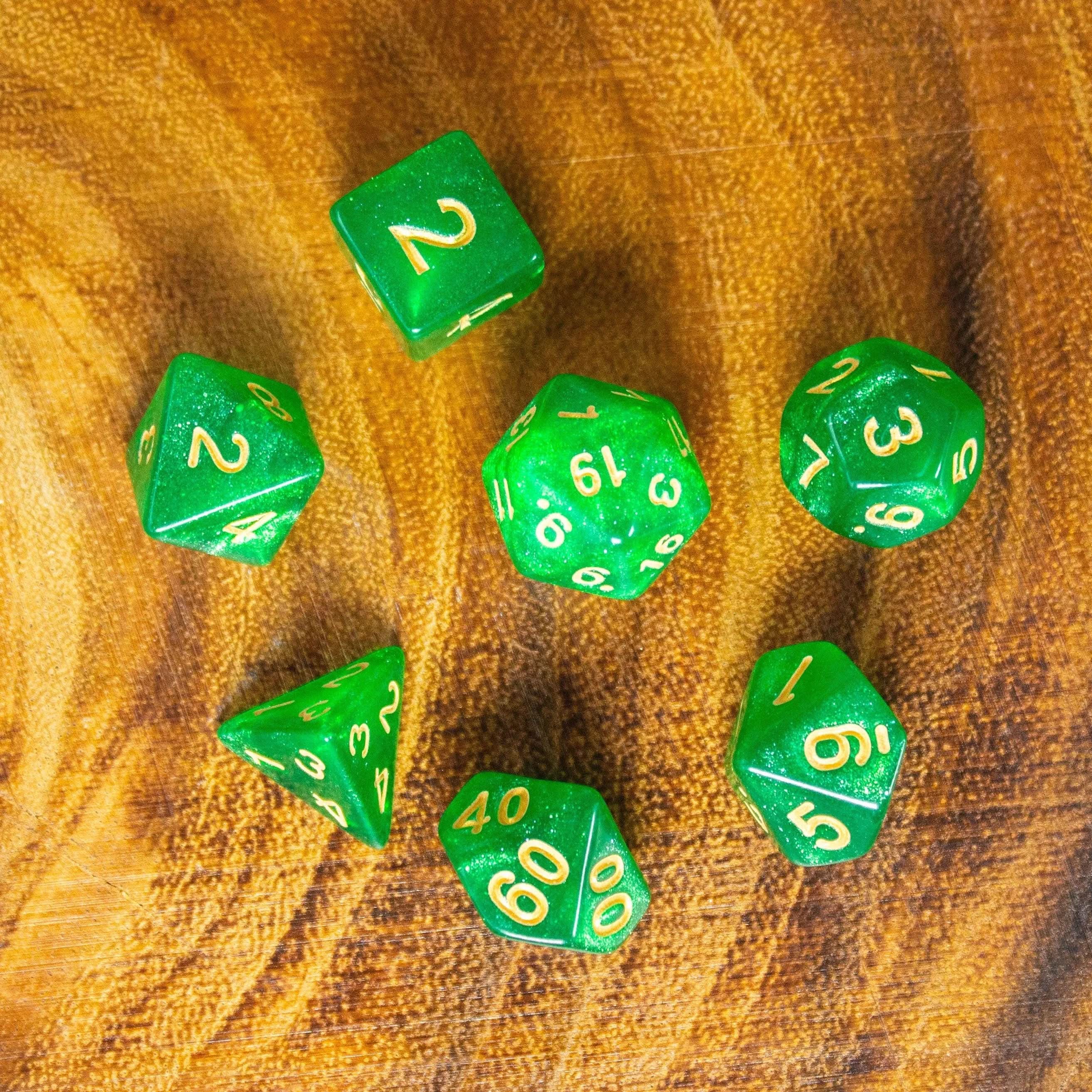 Shamrock Green Shimmer Dice Set | Dice for TTRPG | Gold Dice (7) | Polyhedral Dice | Gold Numbers - MysteryDiceGoblins