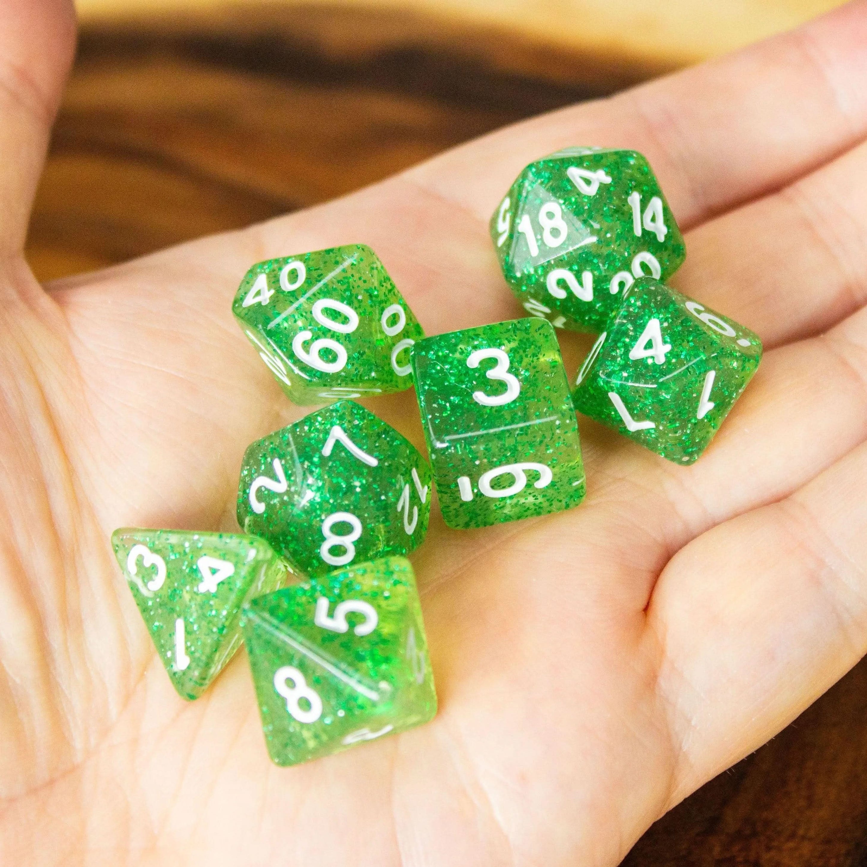 Jade Green Shimmer Dice Set | Green Dice for TTRPG | Polyhedral White Dice | White Numbers - MysteryDiceGoblins