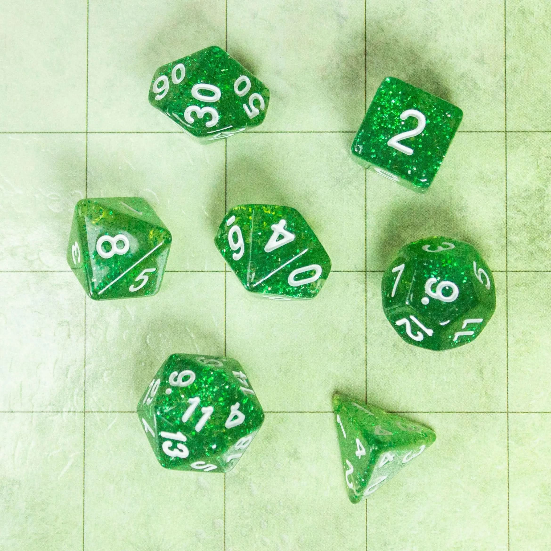 Jade Green Shimmer Dice Set | Green Dice for TTRPG | Polyhedral White Dice | White Numbers - MysteryDiceGoblins