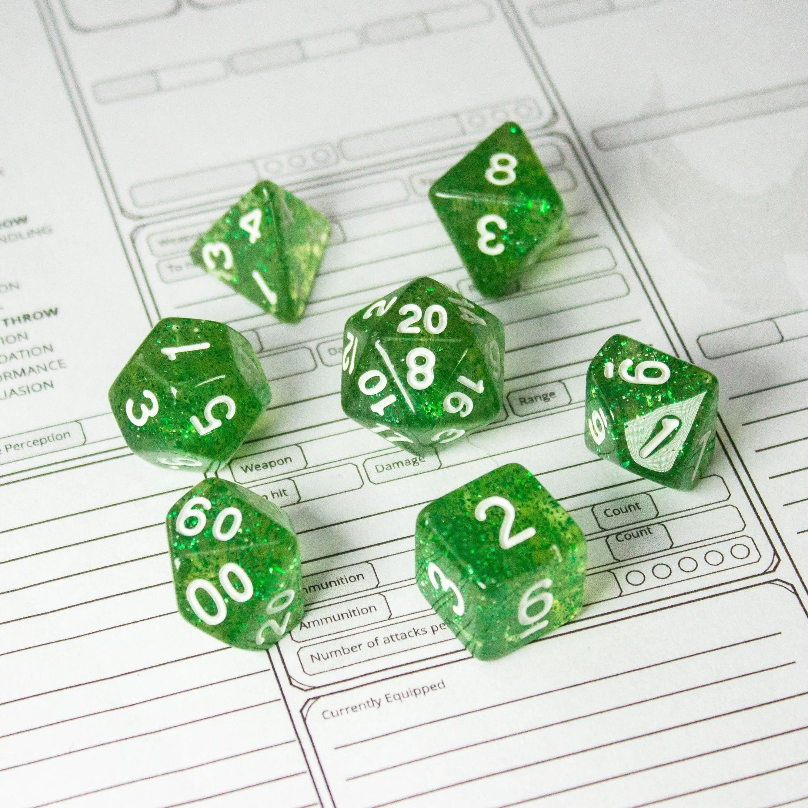 Jade Green Shimmer Dice Set | Green Dice for TTRPG | Polyhedral White Dice | White Numbers - MysteryDiceGoblins