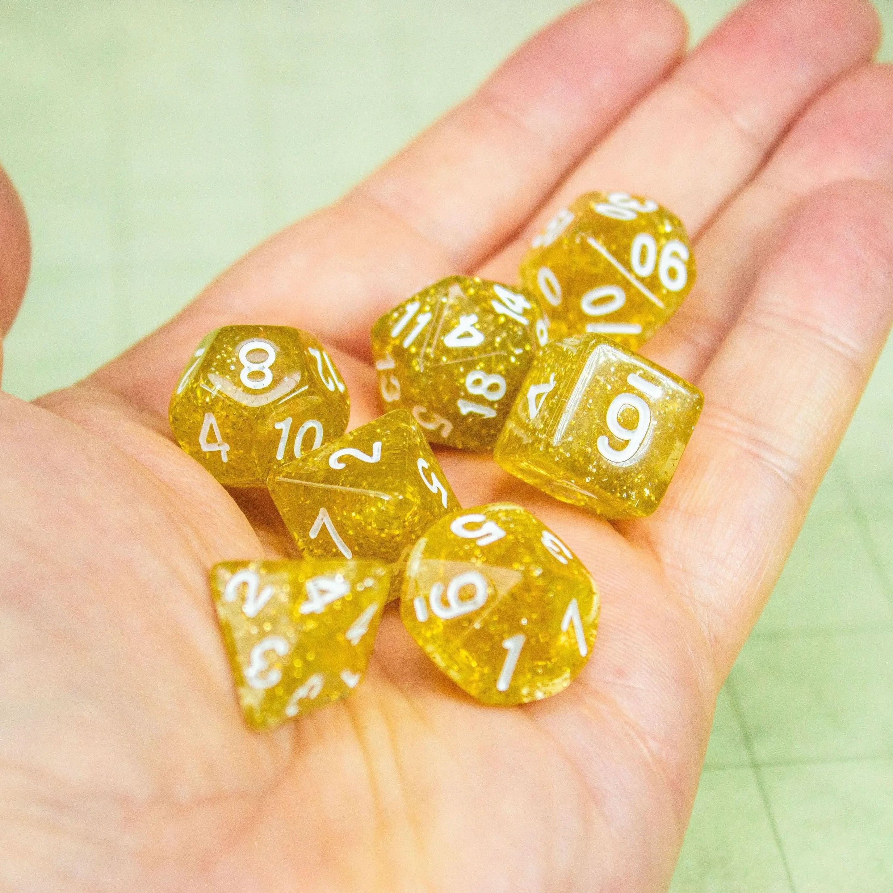 Yellow Shimmer Dice Set | Dice for TTRPG | Polyhedral White Dice | White Numbers - MysteryDiceGoblins