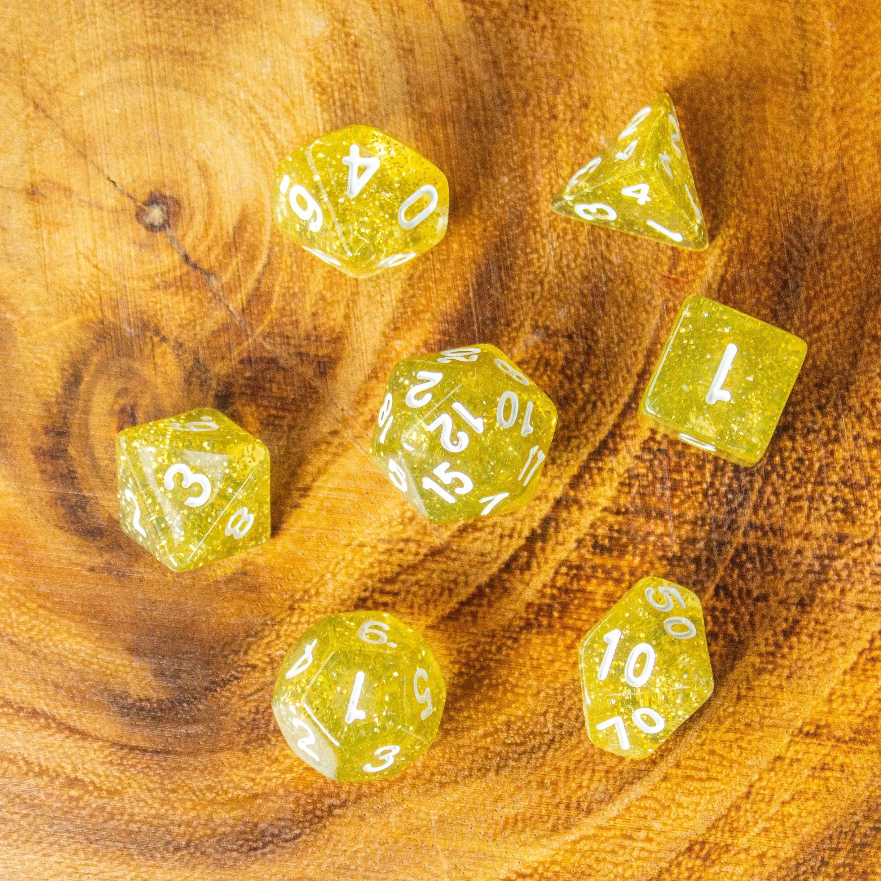 Yellow Shimmer Dice Set | Dice for TTRPG | Polyhedral White Dice | White Numbers - MysteryDiceGoblins