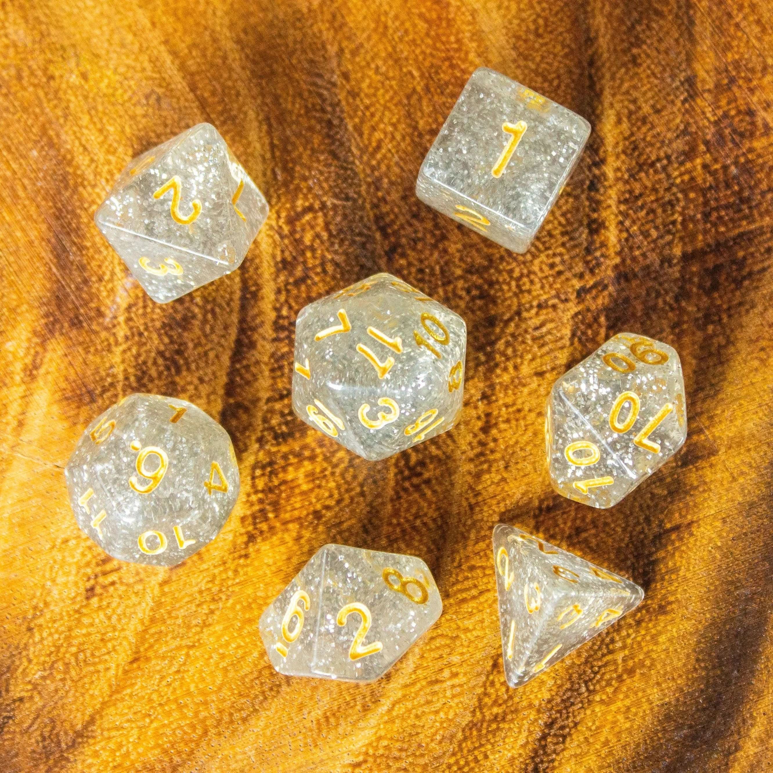 Silver Glitter Shimmer Dice Set | Dice for TTRPG | | Polyhedral White Dice | Gold Numbers - MysteryDiceGoblins
