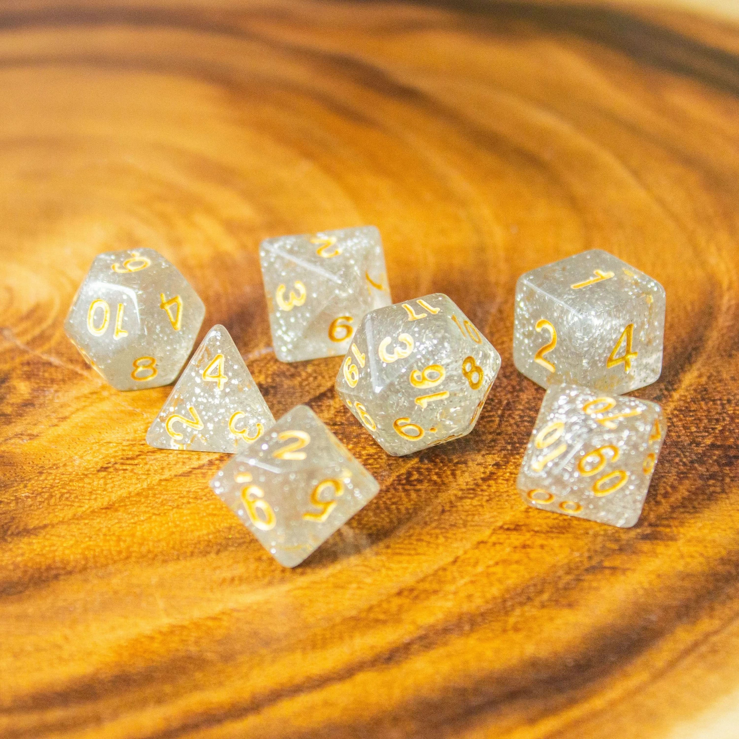 Silver Glitter Shimmer Dice Set | Dice for TTRPG | | Polyhedral White Dice | Gold Numbers - MysteryDiceGoblins
