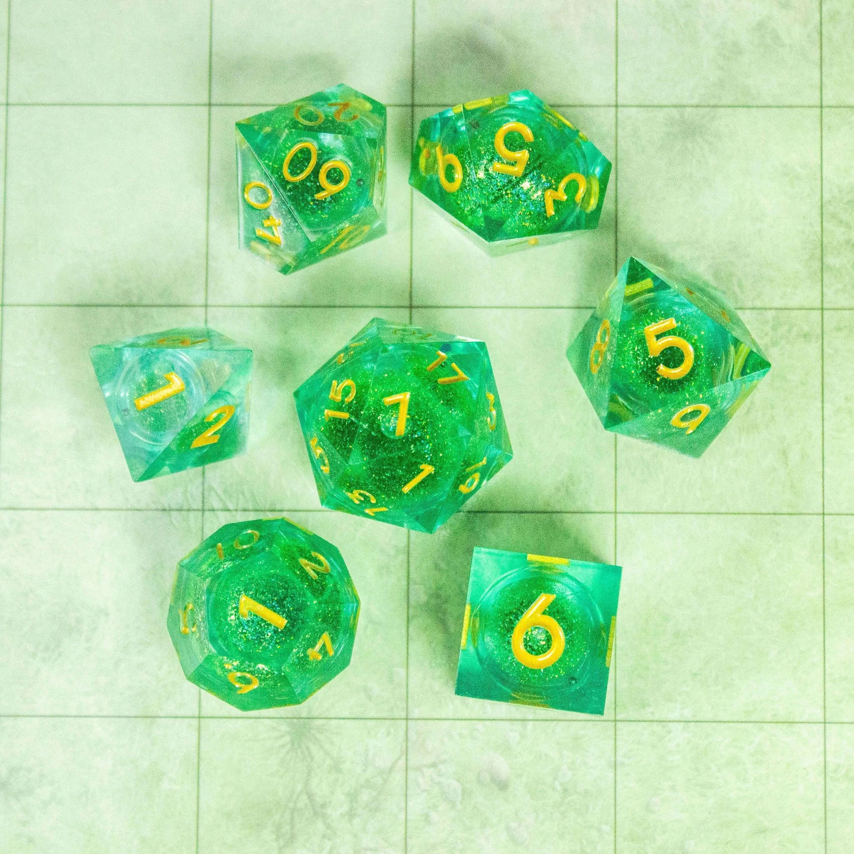 Green Shimmer Liquid Core Sharp Edge TTRPG Dice Gold Writing Premium Dice - MysteryDiceGoblins