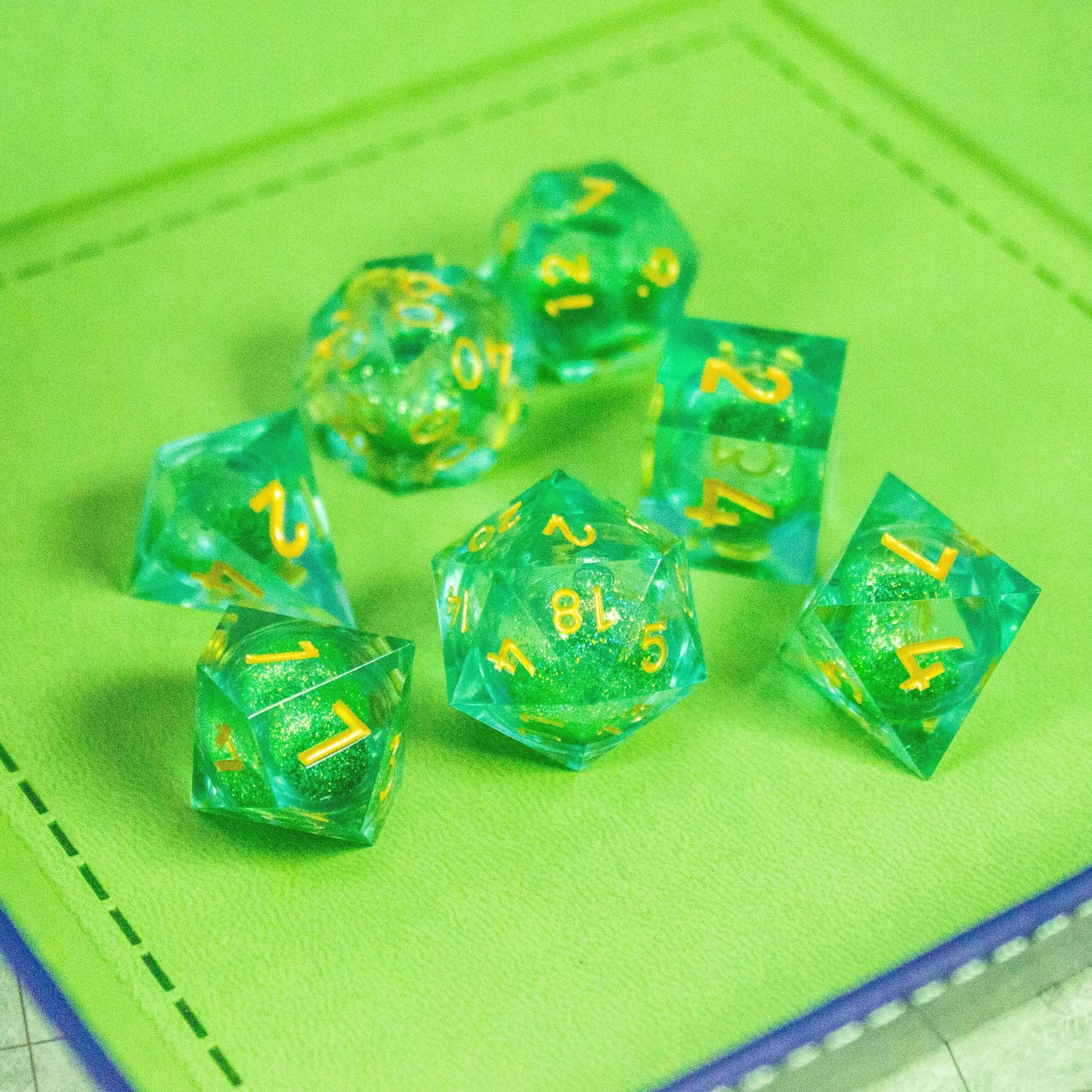Green and Gold Shimmer Liquid Core Dice Set