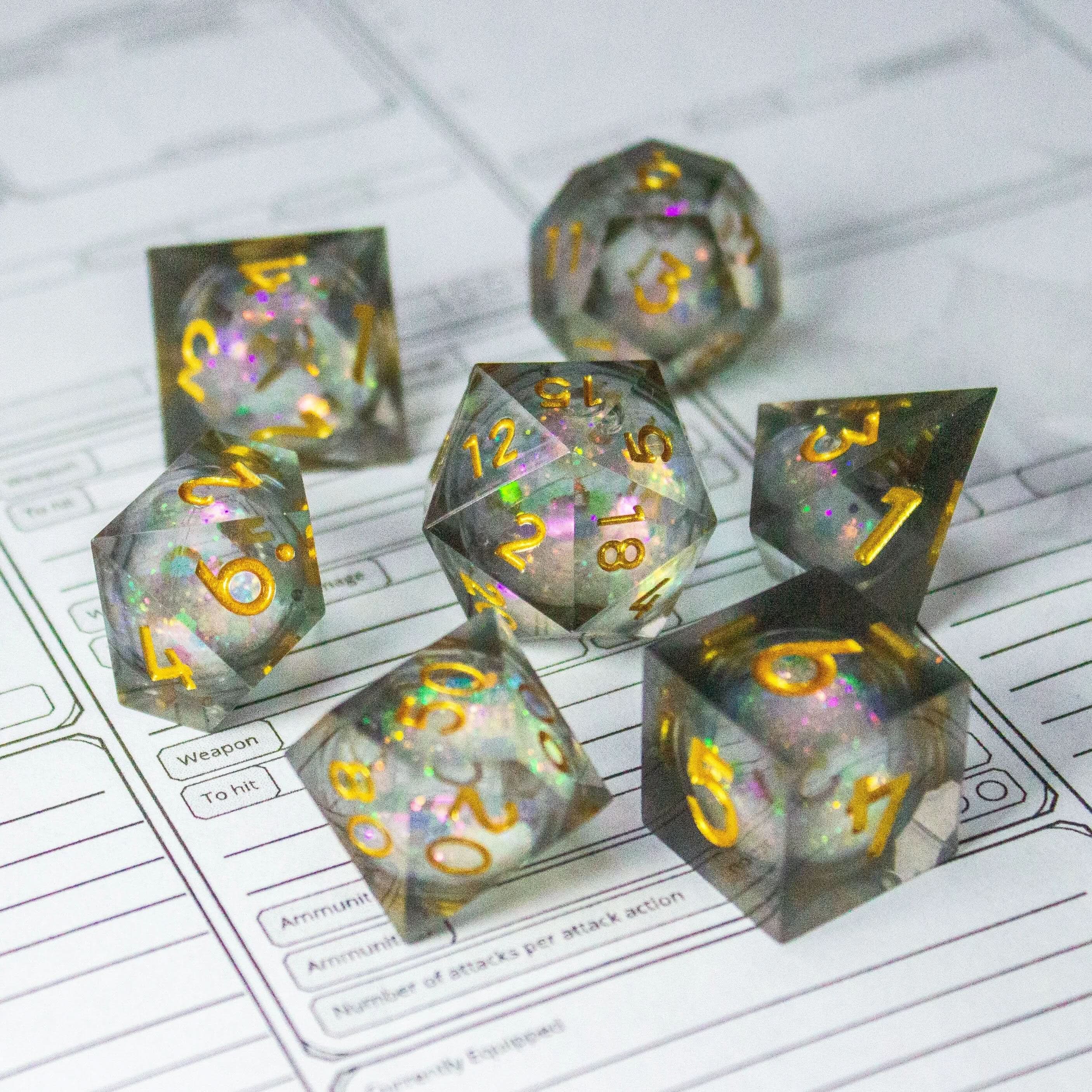 Black Multi-coloured Liquid Core Shimmer Glitter TTRPG Dice Sharp Edge Premium RPG Dice - MysteryDiceGoblins