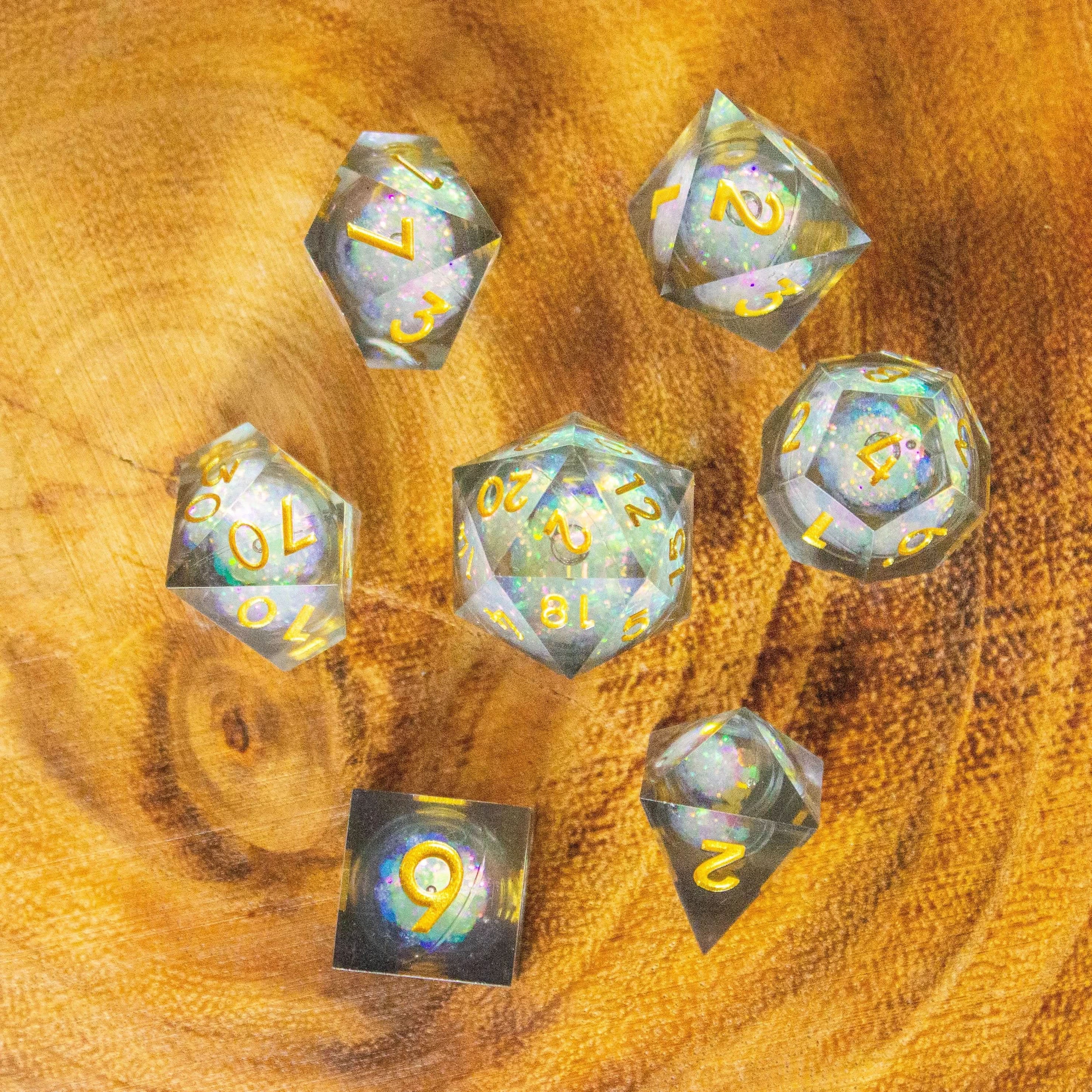 Black Multi-coloured Liquid Core Shimmer Glitter TTRPG Dice Sharp Edge Premium RPG Dice - MysteryDiceGoblins