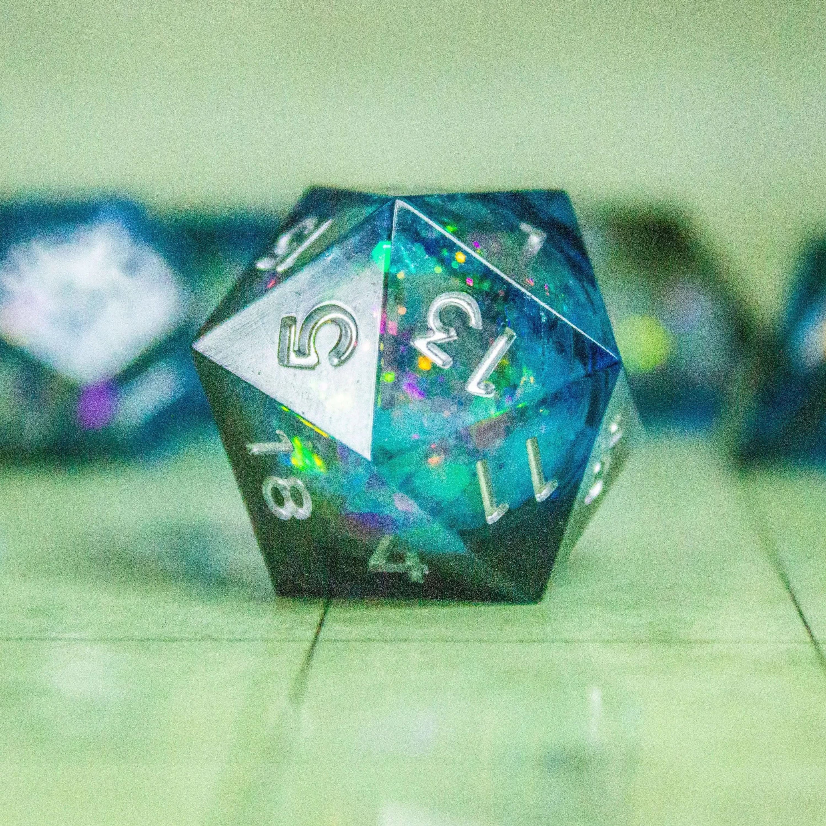 Blue Liquid Core Shimmer Glitter TTRPG Dice Sharp Edge Premium RPG Dice - MysteryDiceGoblins