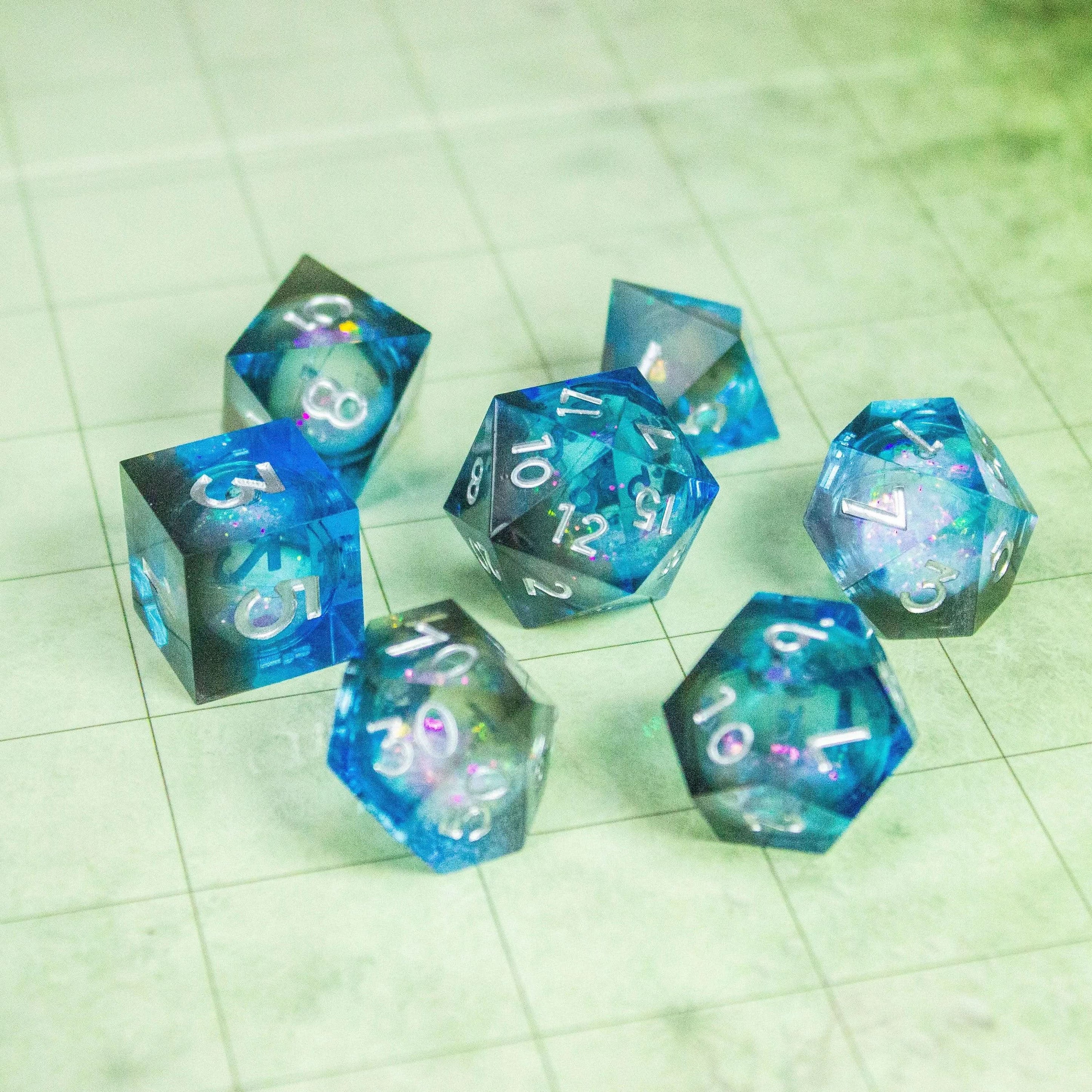 Blue Liquid Core Shimmer Glitter TTRPG Dice Sharp Edge Premium RPG Dice - MysteryDiceGoblins