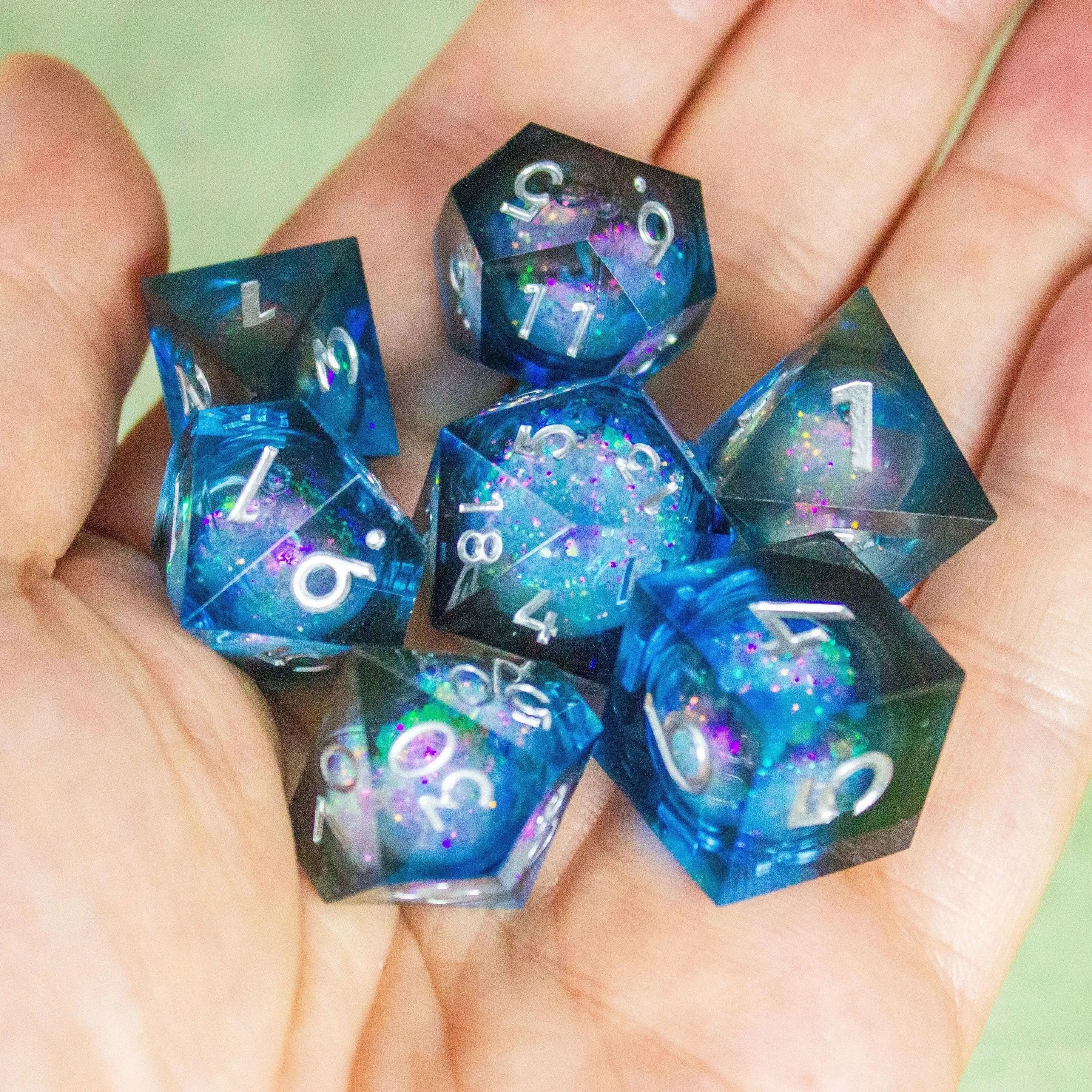 Blue Liquid Core Shimmer Glitter TTRPG Dice Sharp Edge Premium RPG Dice - MysteryDiceGoblins
