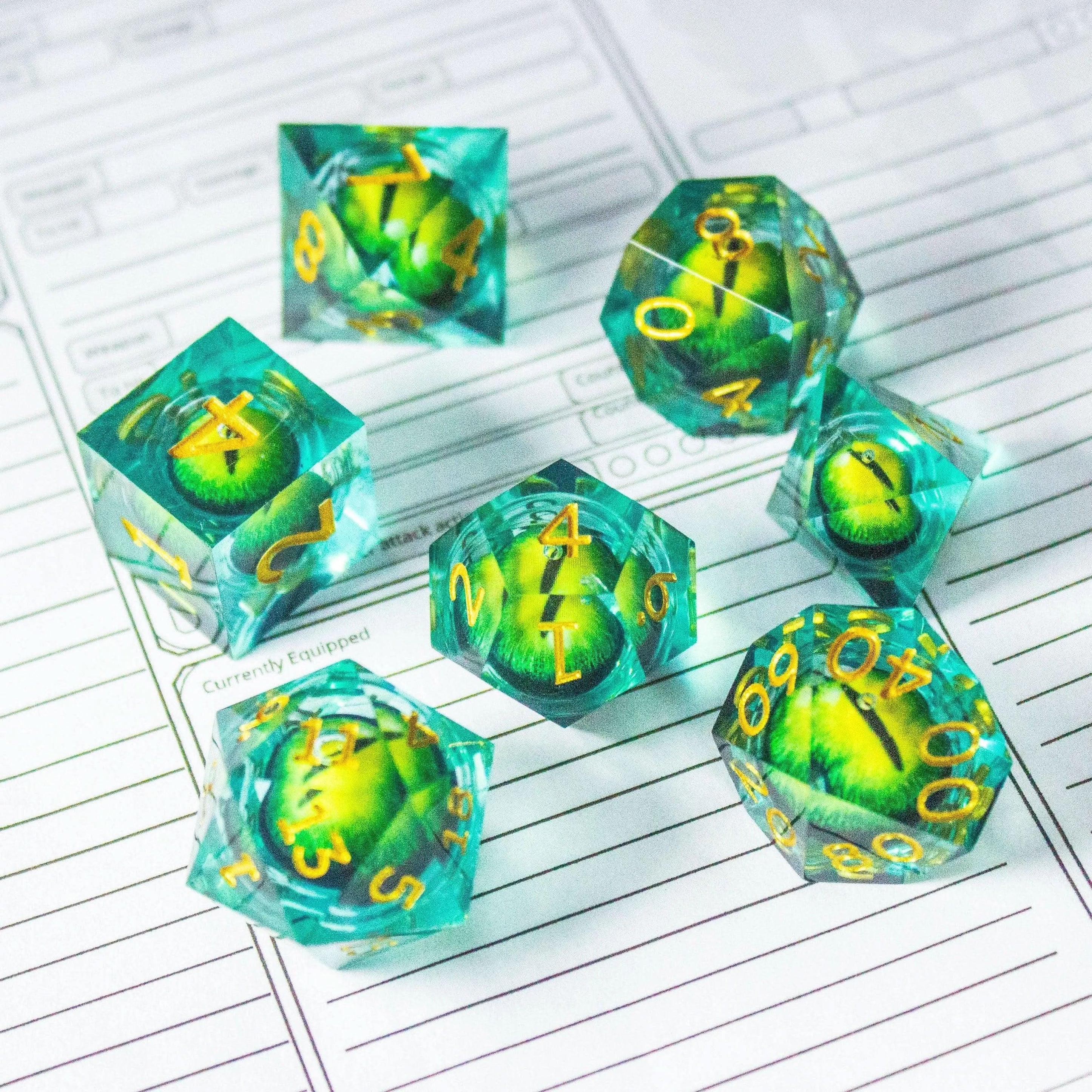 Liquid Core Moving Green Snake Eye TTRPG Dice. Sharp Edged Dice TTRPG - MysteryDiceGoblins