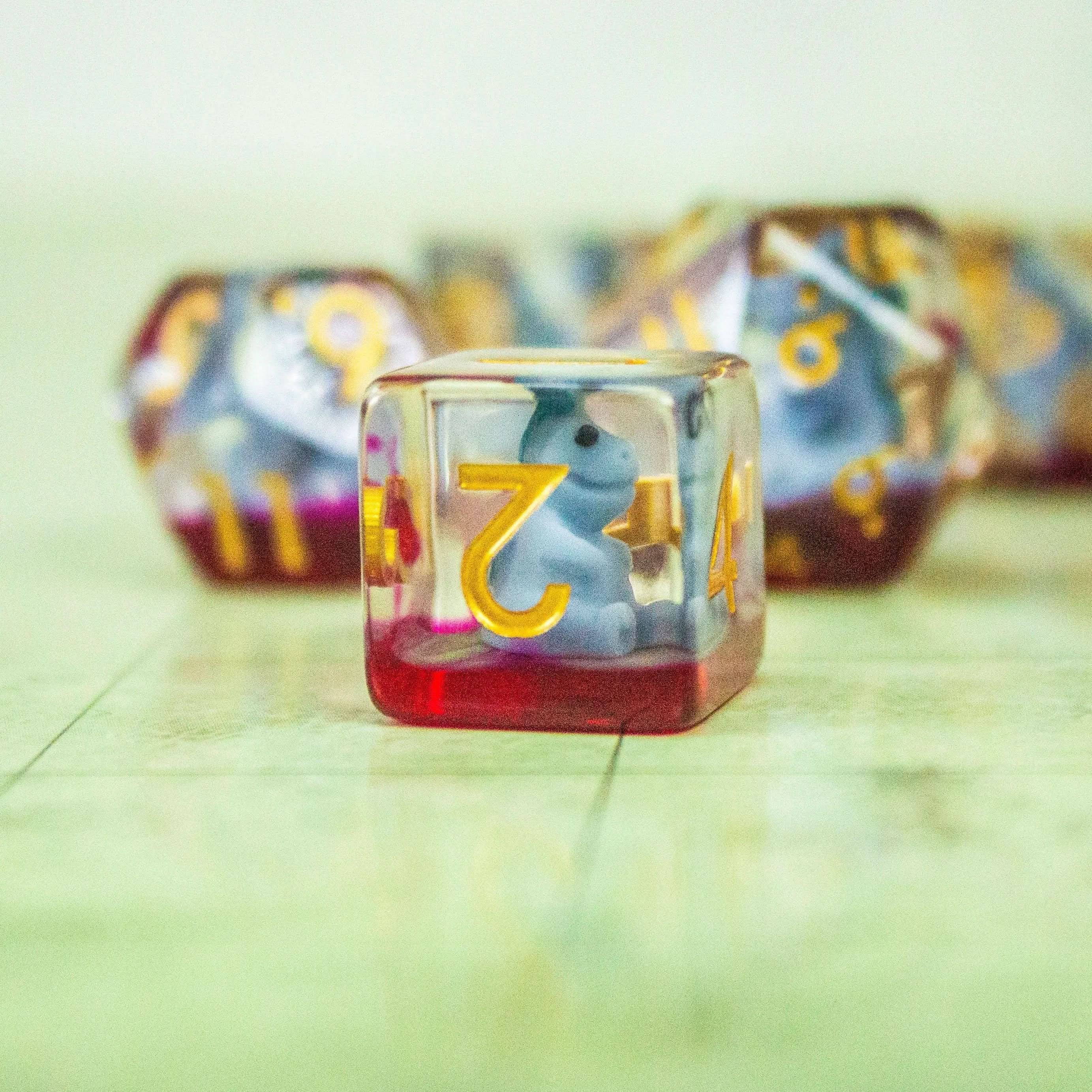 Blue Dinosaurs TTRPG Filled Dice Set| Transparent See through Dice (7) | Polyhedral Dice - MysteryDiceGoblins