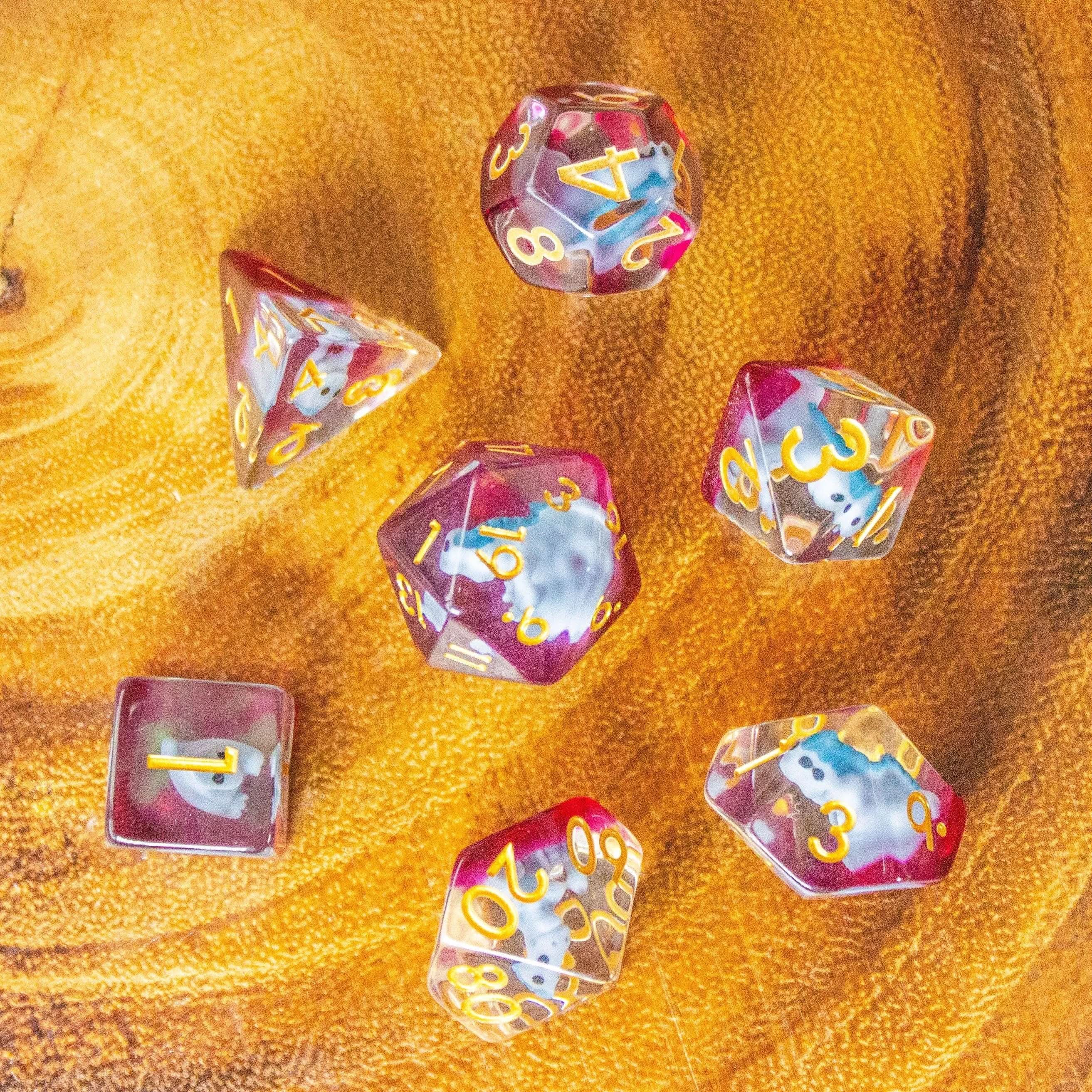 Blue Dinosaurs TTRPG Filled Dice Set| Transparent See through Dice (7) | Polyhedral Dice - MysteryDiceGoblins