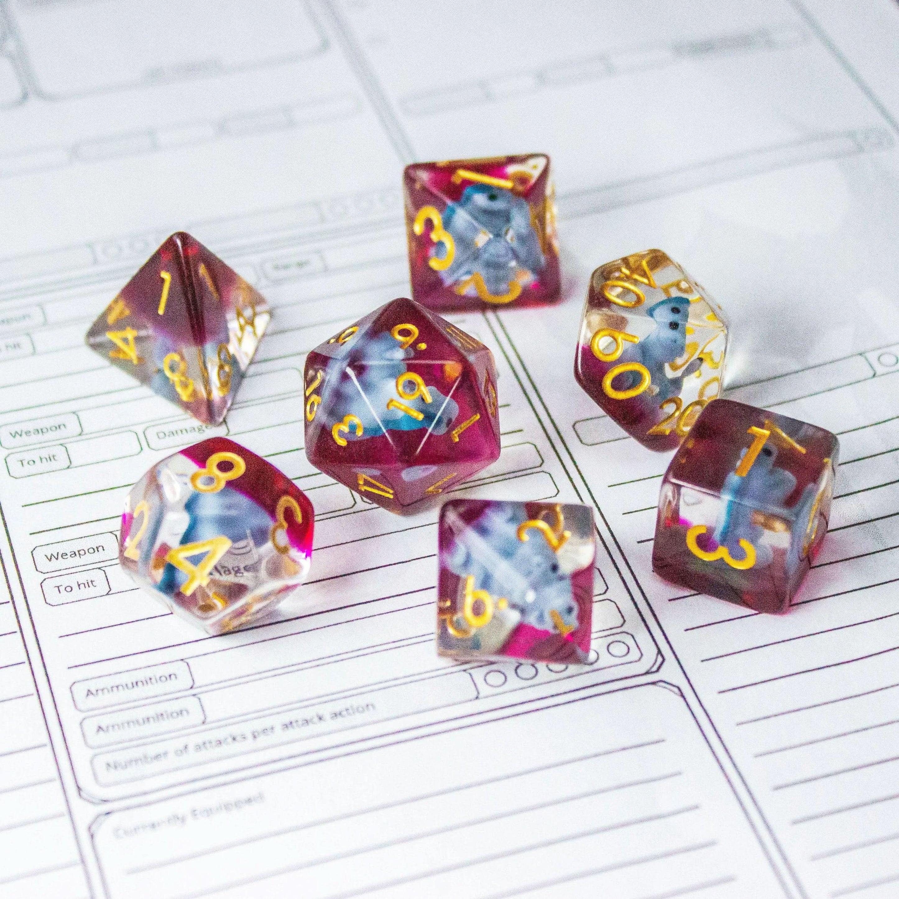 Blue Dinosaurs TTRPG Filled Dice Set| Transparent See through Dice (7) | Polyhedral Dice - MysteryDiceGoblins