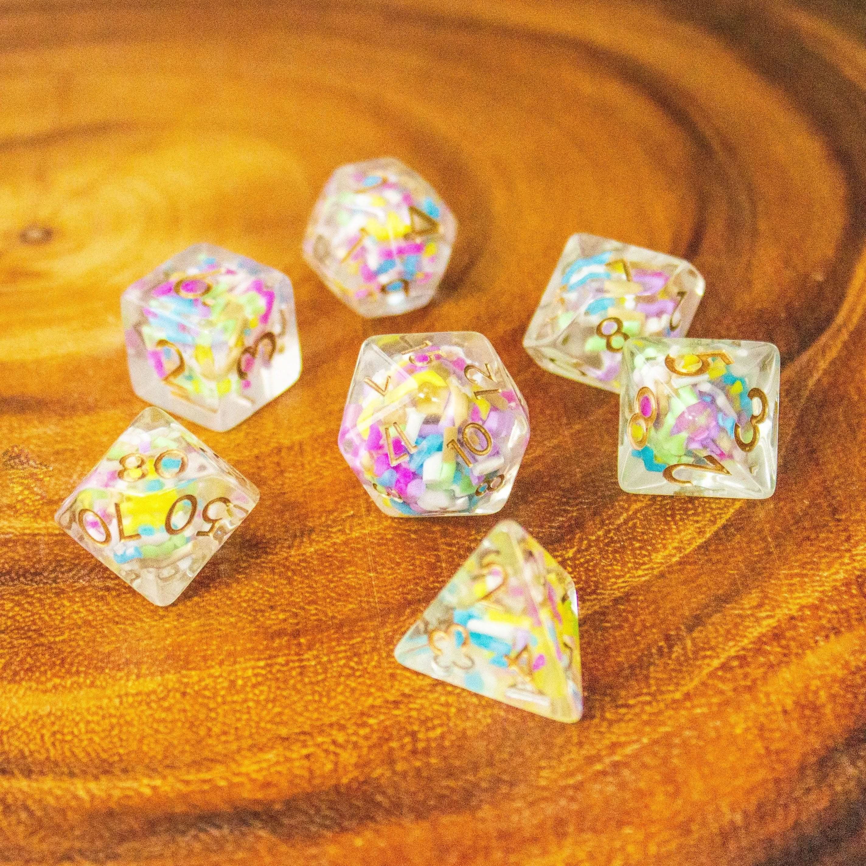Funfetti TTRPG Dice Set| Transparent See through Dice (7) | Polyhedral Dice - MysteryDiceGoblins