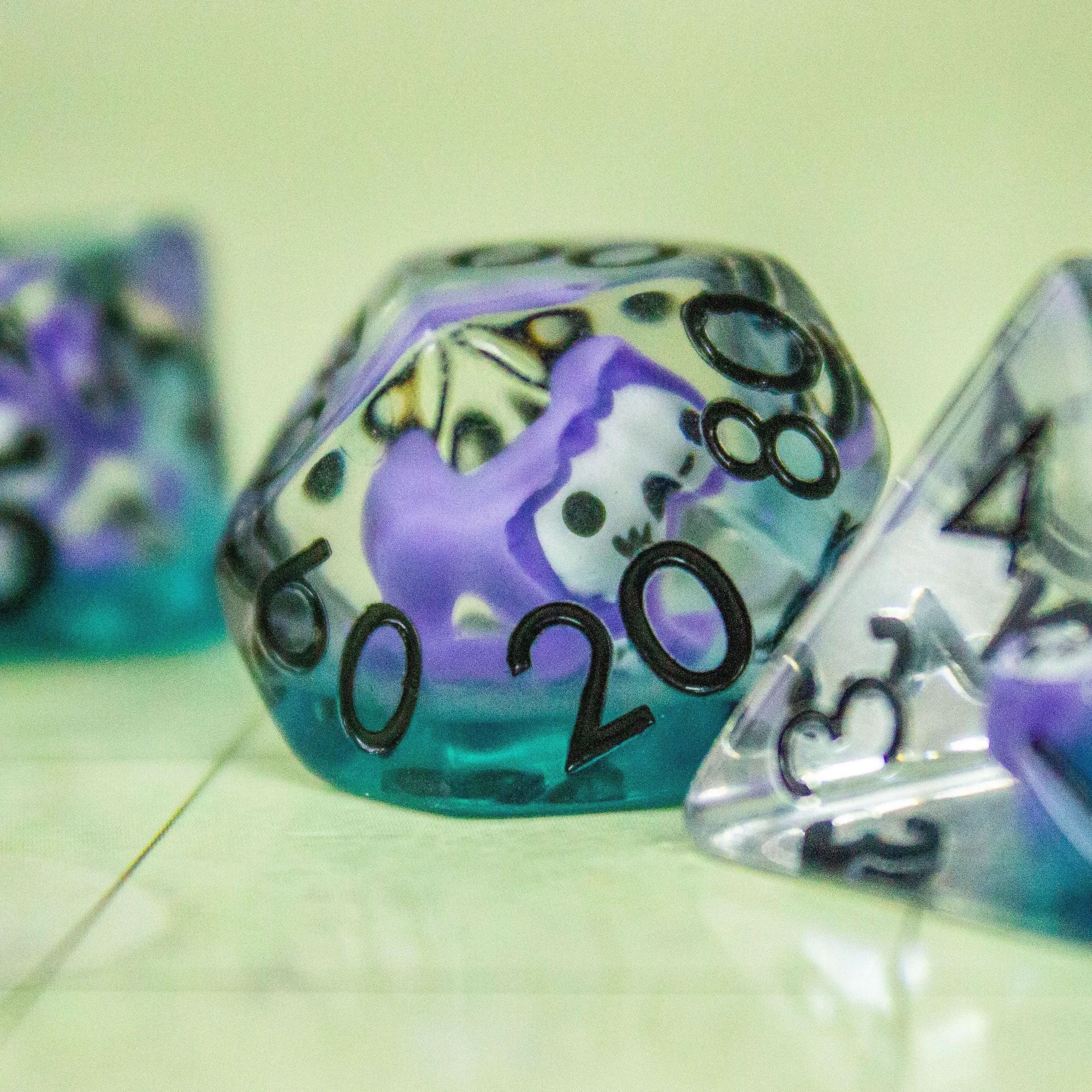 Purple Grim Reaper TTRPG Dice Set| Red and Clear Transparent Dice (7) | Polyhedral Dice - MysteryDiceGoblins