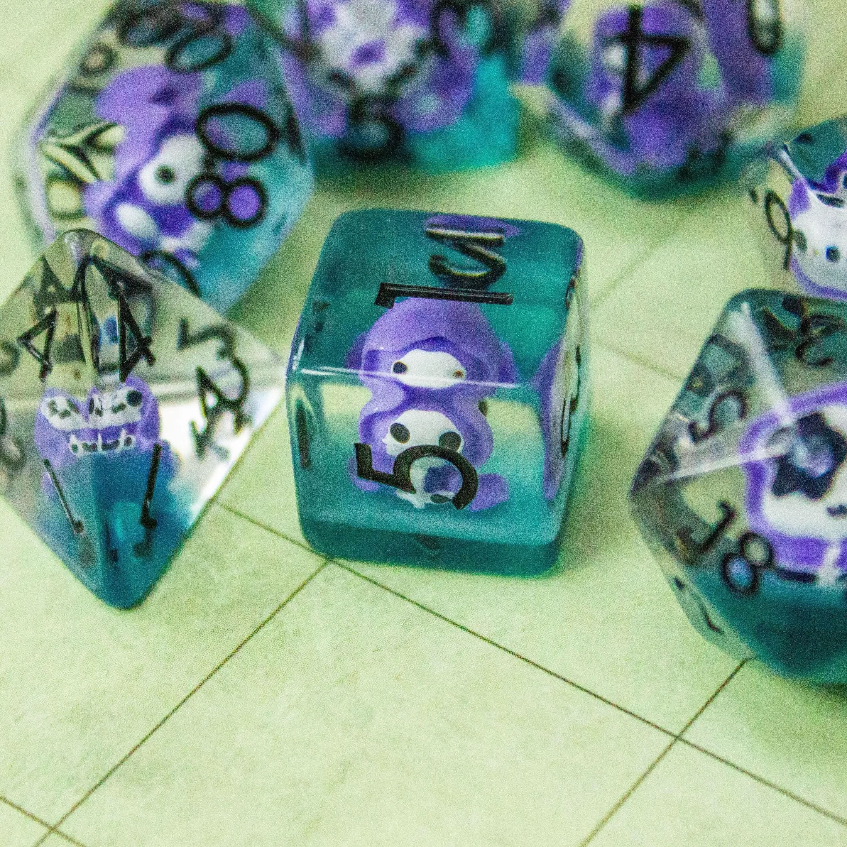 Purple Grim Reaper TTRPG Dice Set| Red and Clear Transparent Dice (7) | Polyhedral Dice - MysteryDiceGoblins