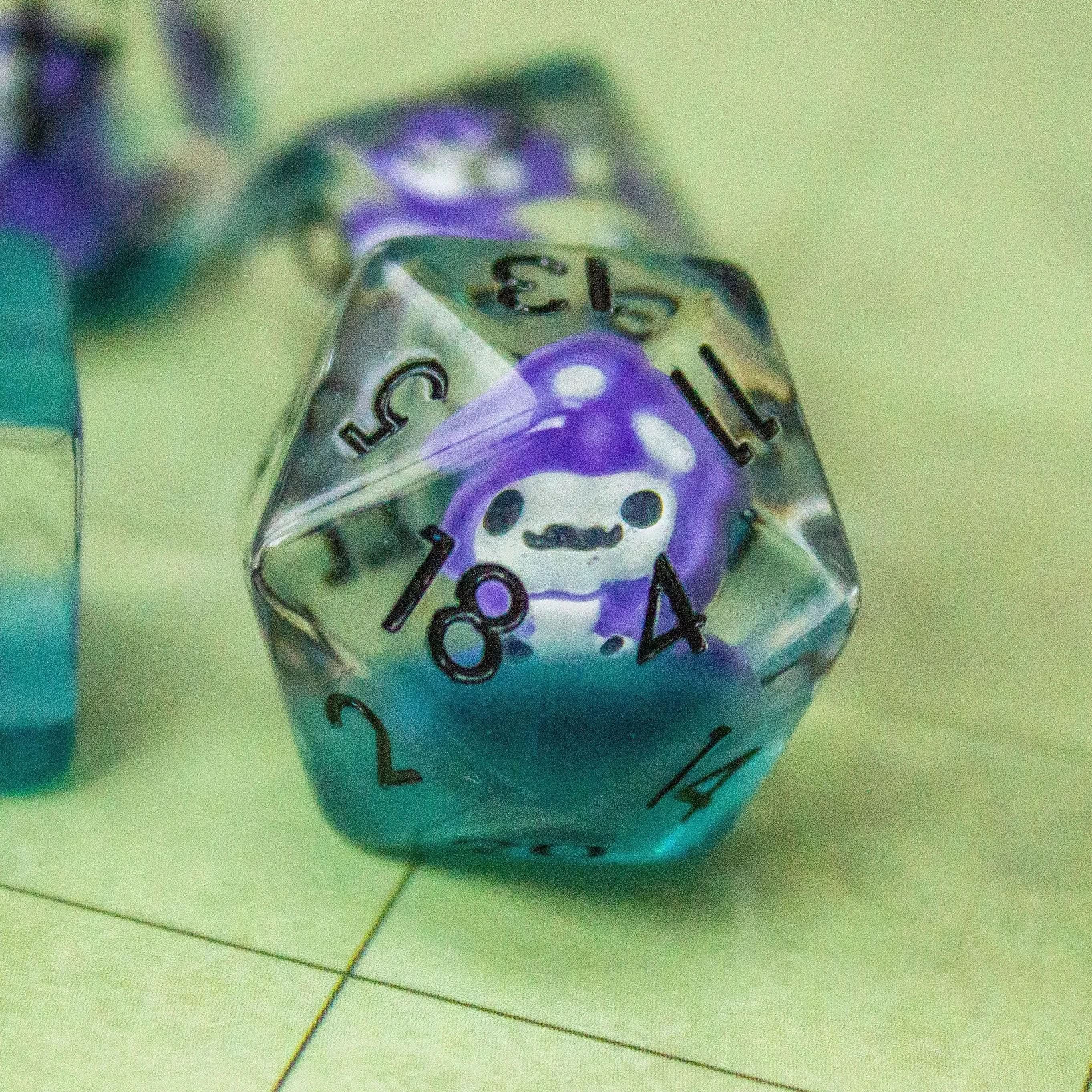 Purple Grim Reaper TTRPG Dice Set| Red and Clear Transparent Dice (7) | Polyhedral Dice - MysteryDiceGoblins