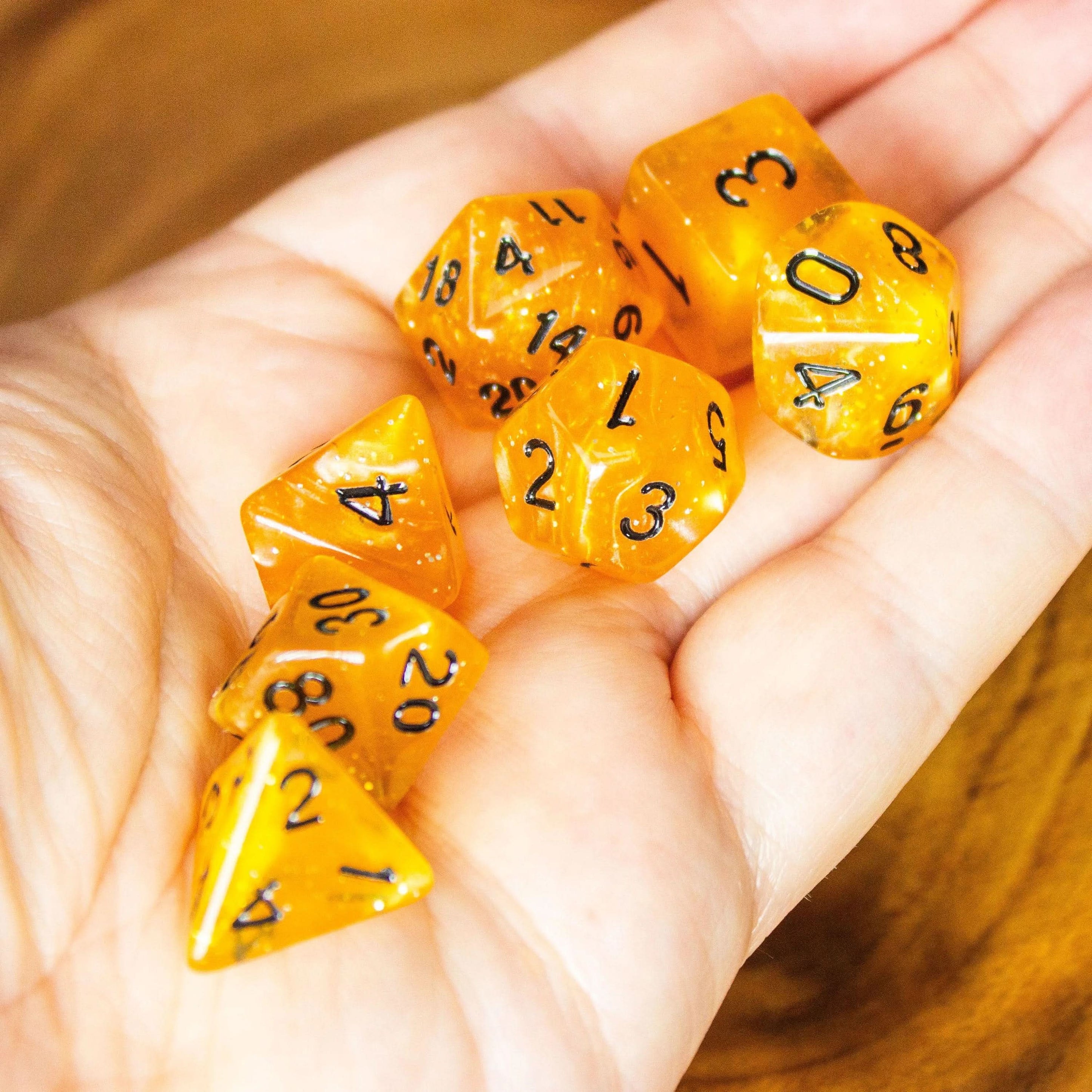Honey Shimmer Dice With Black Numbers TTRPG Dice, roll with sophistication with these blue polyhedral dice Organge Amber - MysteryDiceGoblins