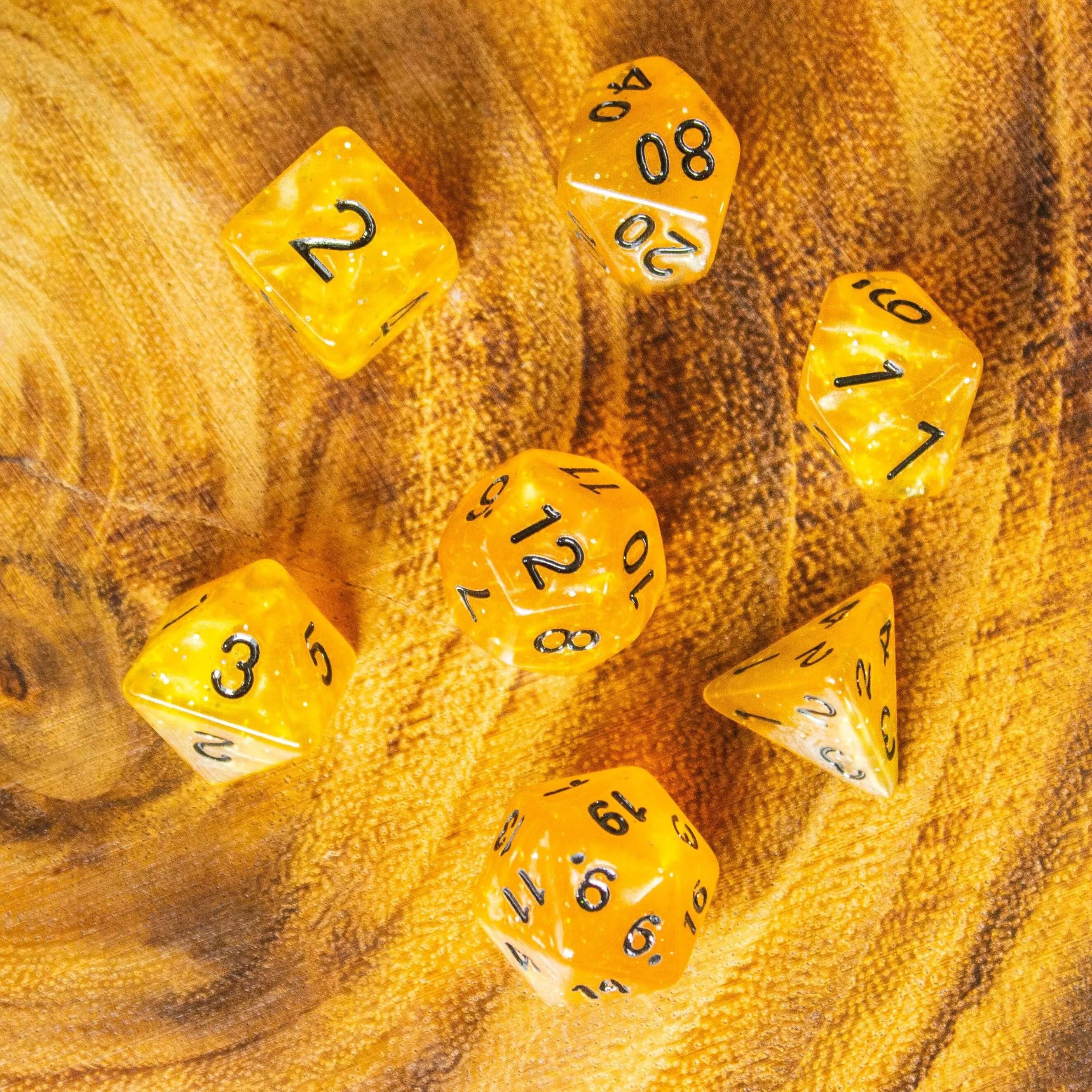 Honey Shimmer Dice With Black Numbers TTRPG Dice, roll with sophistication with these blue polyhedral dice Organge Amber - MysteryDiceGoblins