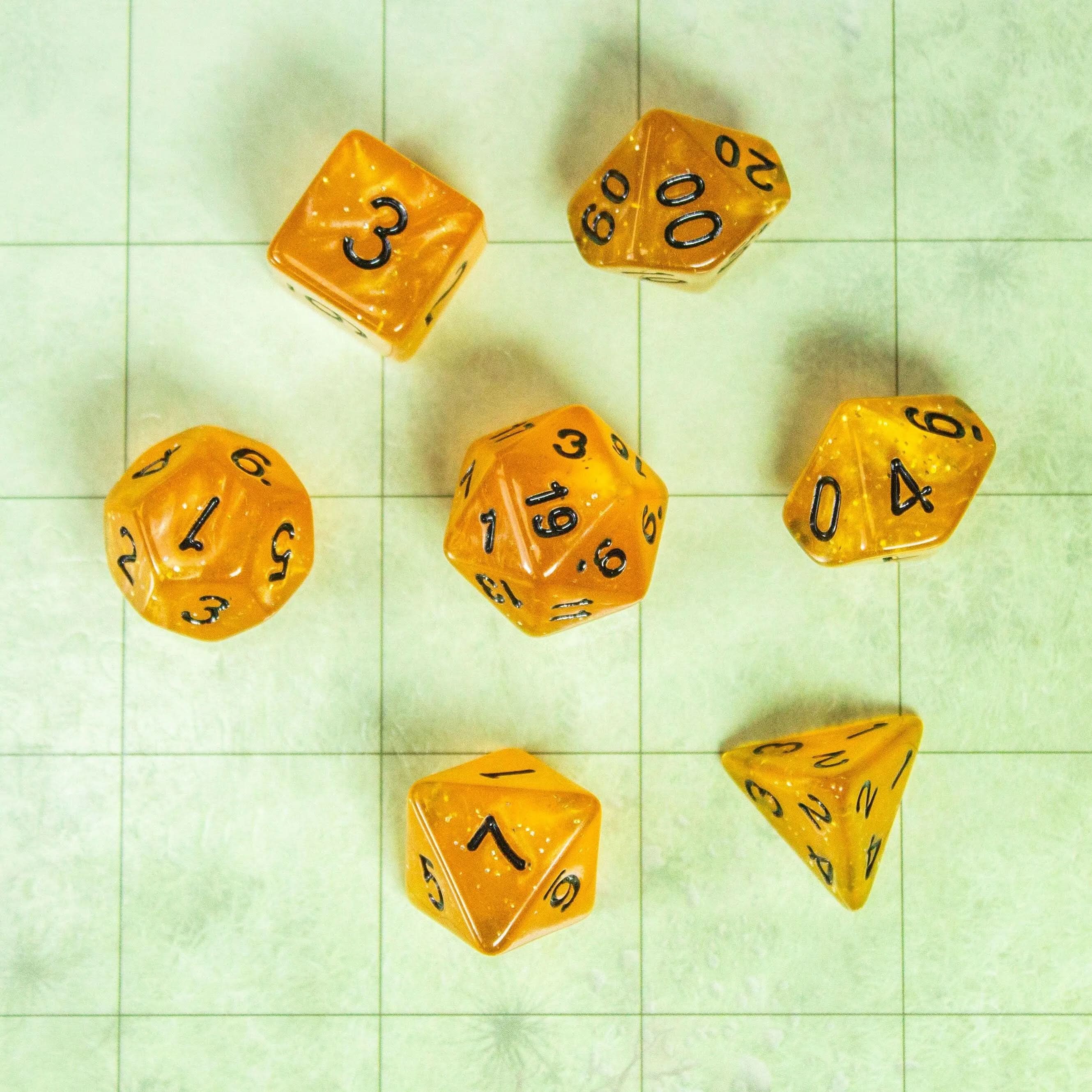 Honey Shimmer Dice With Black Numbers TTRPG Dice, roll with sophistication with these blue polyhedral dice Organge Amber - MysteryDiceGoblins