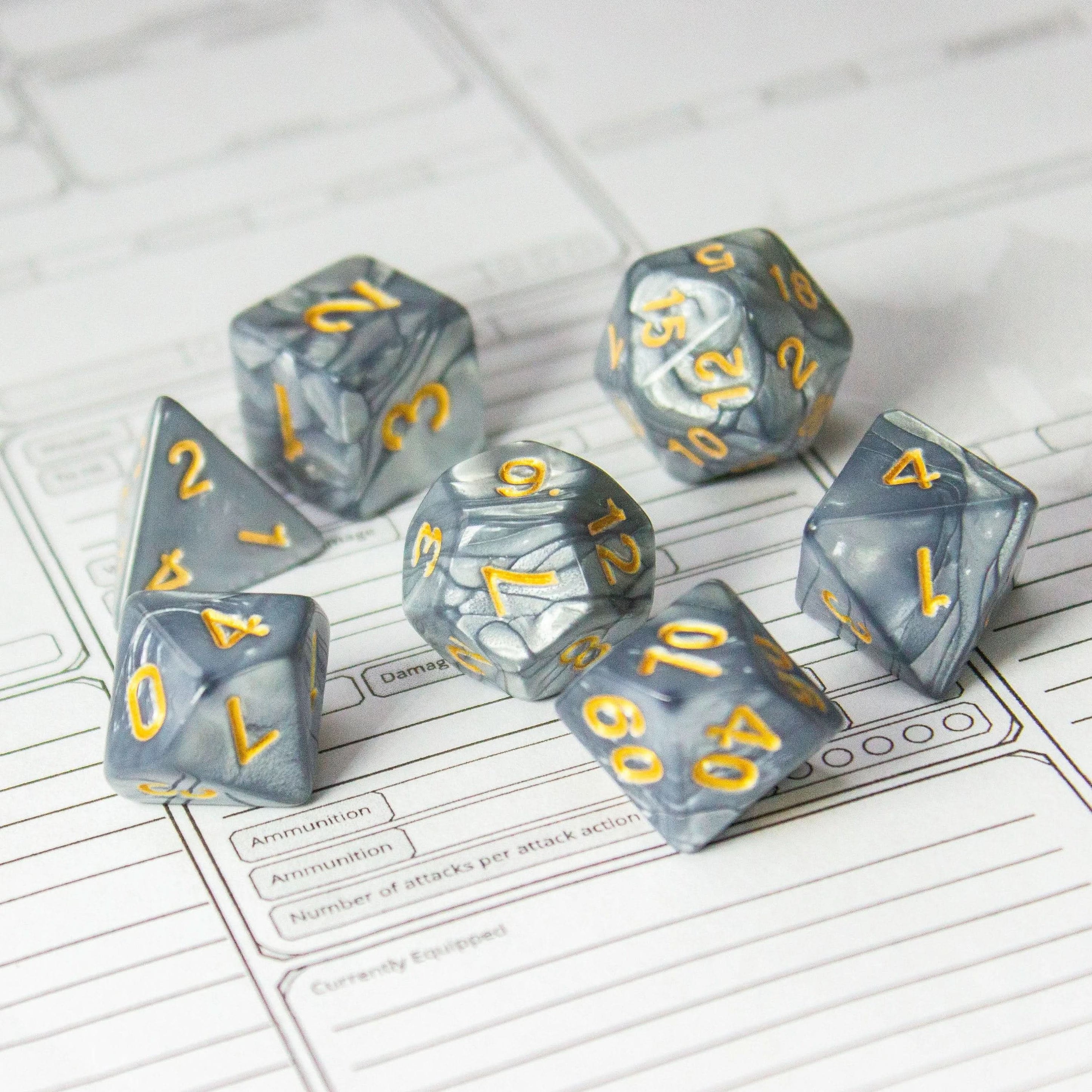 Pearl Silver TTRPG Dice Set| Silver Dice (7) | Polyhedral Dice Gold Numbers - MysteryDiceGoblins