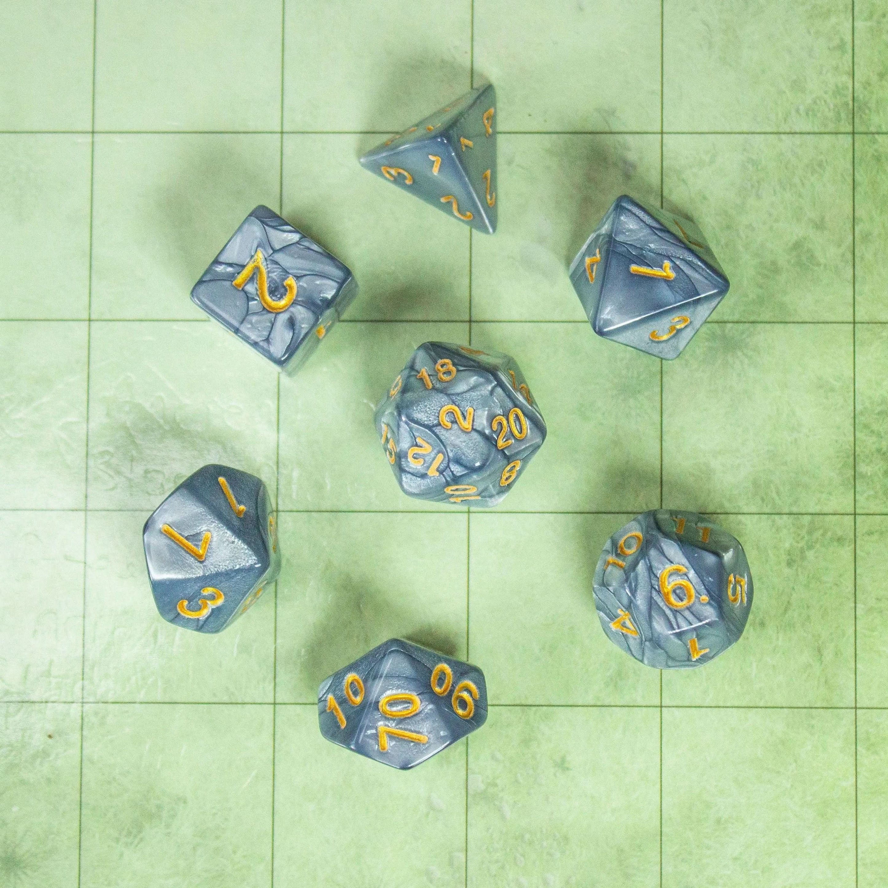 Pearl Silver TTRPG Dice Set| Silver Dice (7) | Polyhedral Dice Gold Numbers - MysteryDiceGoblins
