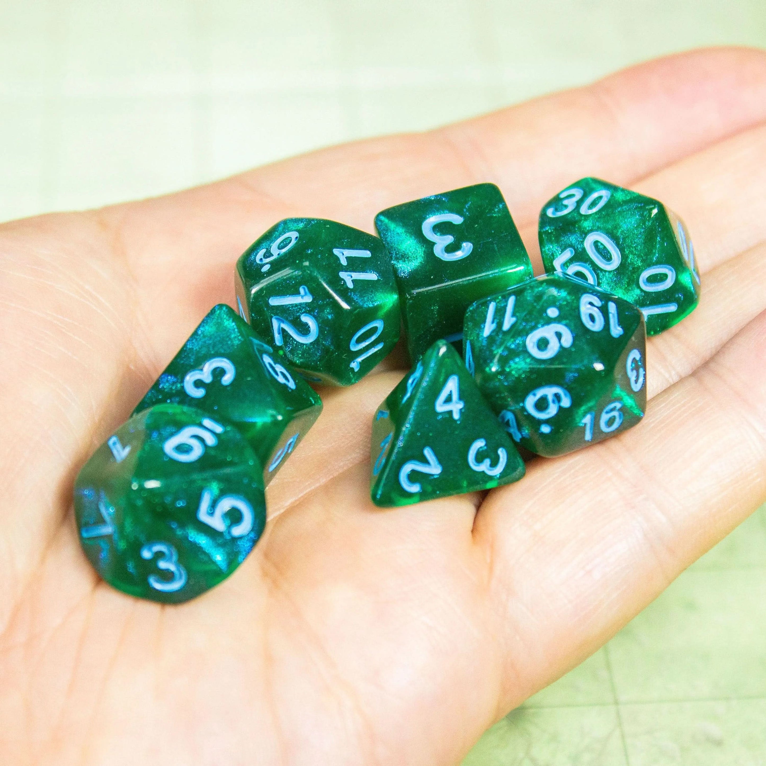 Moss Shimmer Dice Set | Green Dice for TTRPG | (7) | Polyhedral Green Numbers Blue - MysteryDiceGoblins