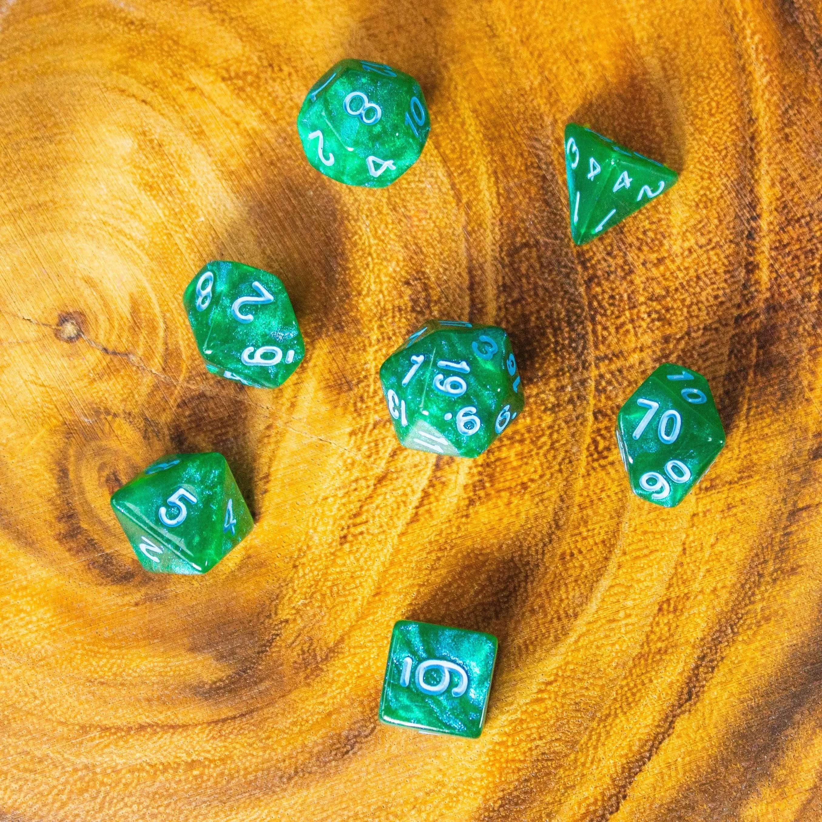 Moss Shimmer Dice Set | Green Dice for TTRPG | (7) | Polyhedral Green Numbers Blue - MysteryDiceGoblins