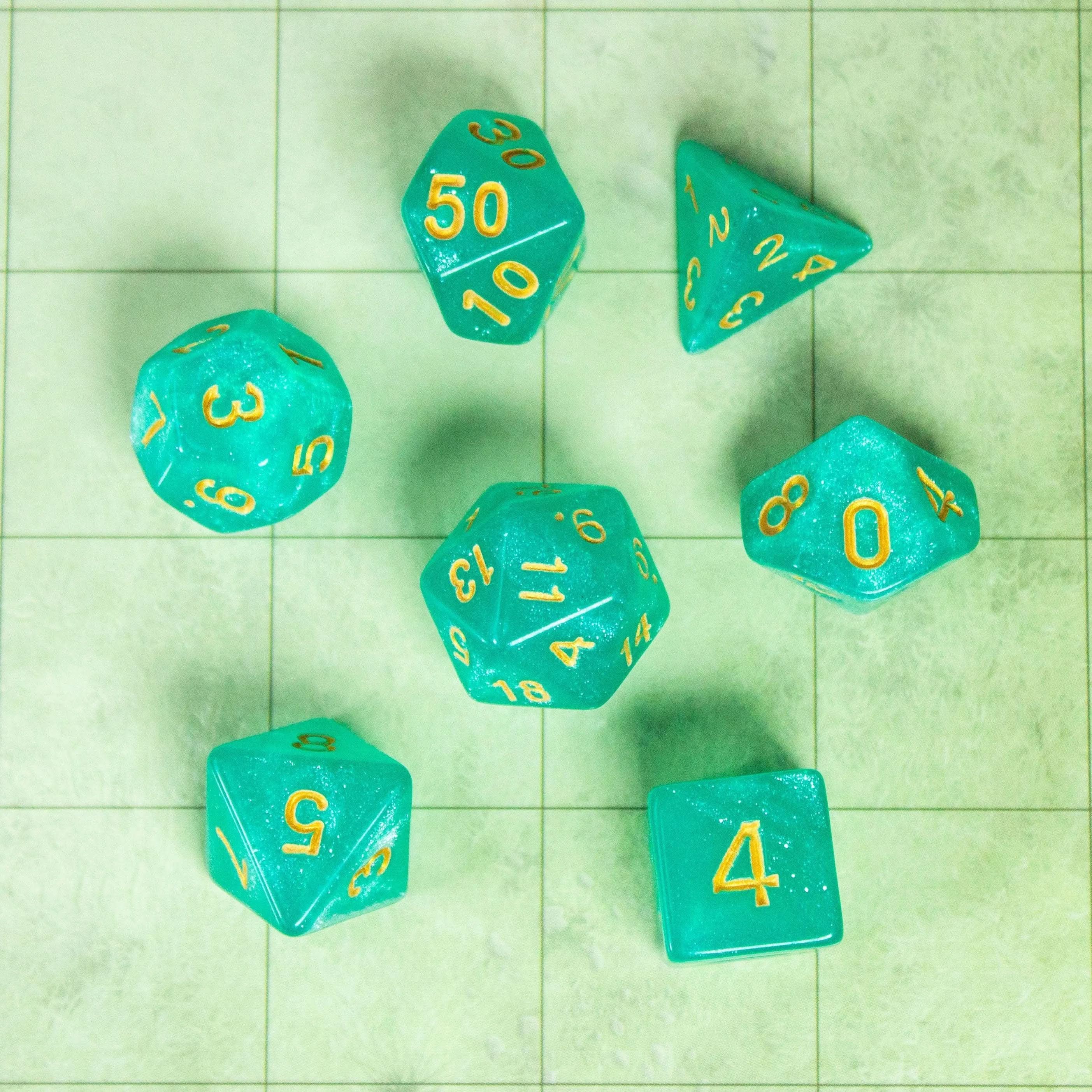 Turquoise Shimmer Dice Set | Brown Dice for TTRPG | Green and Gold Dice (7) | Polyhedral White Dice | White Numbers - MysteryDiceGoblins