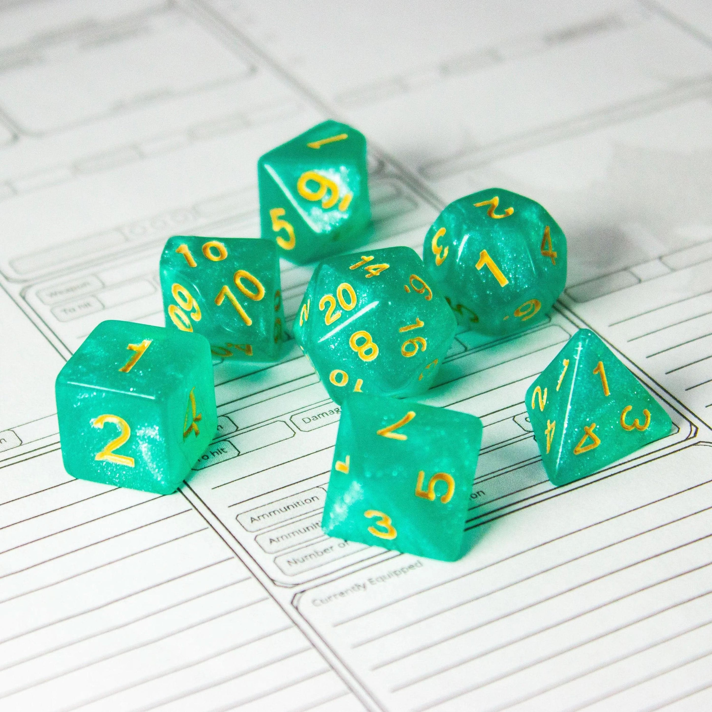 Turquoise Shimmer Dice Set | Brown Dice for TTRPG | Green and Gold Dice (7) | Polyhedral White Dice | White Numbers - MysteryDiceGoblins
