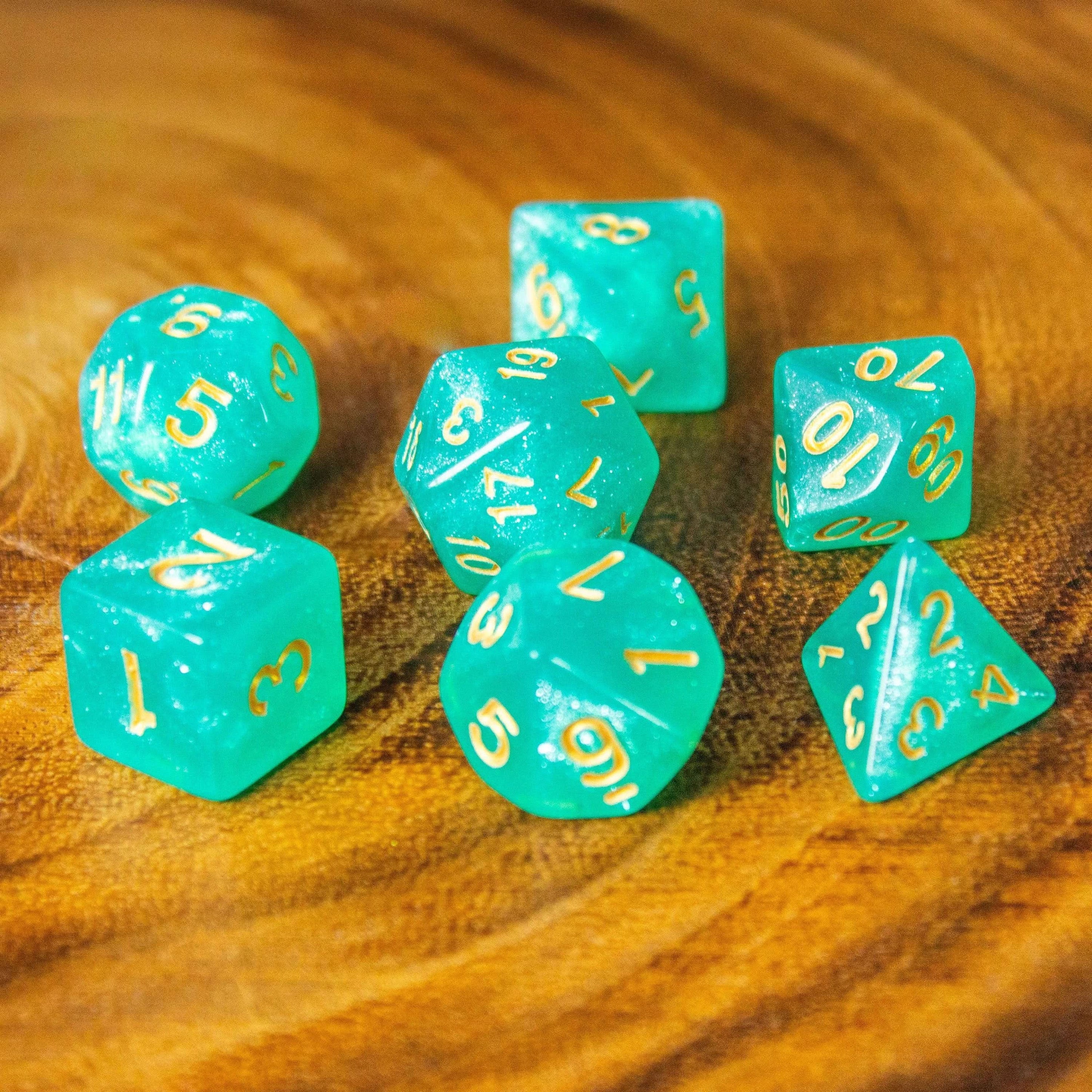Turquoise Shimmer Dice Set | Brown Dice for TTRPG | Green and Gold Dice (7) | Polyhedral White Dice | White Numbers - MysteryDiceGoblins