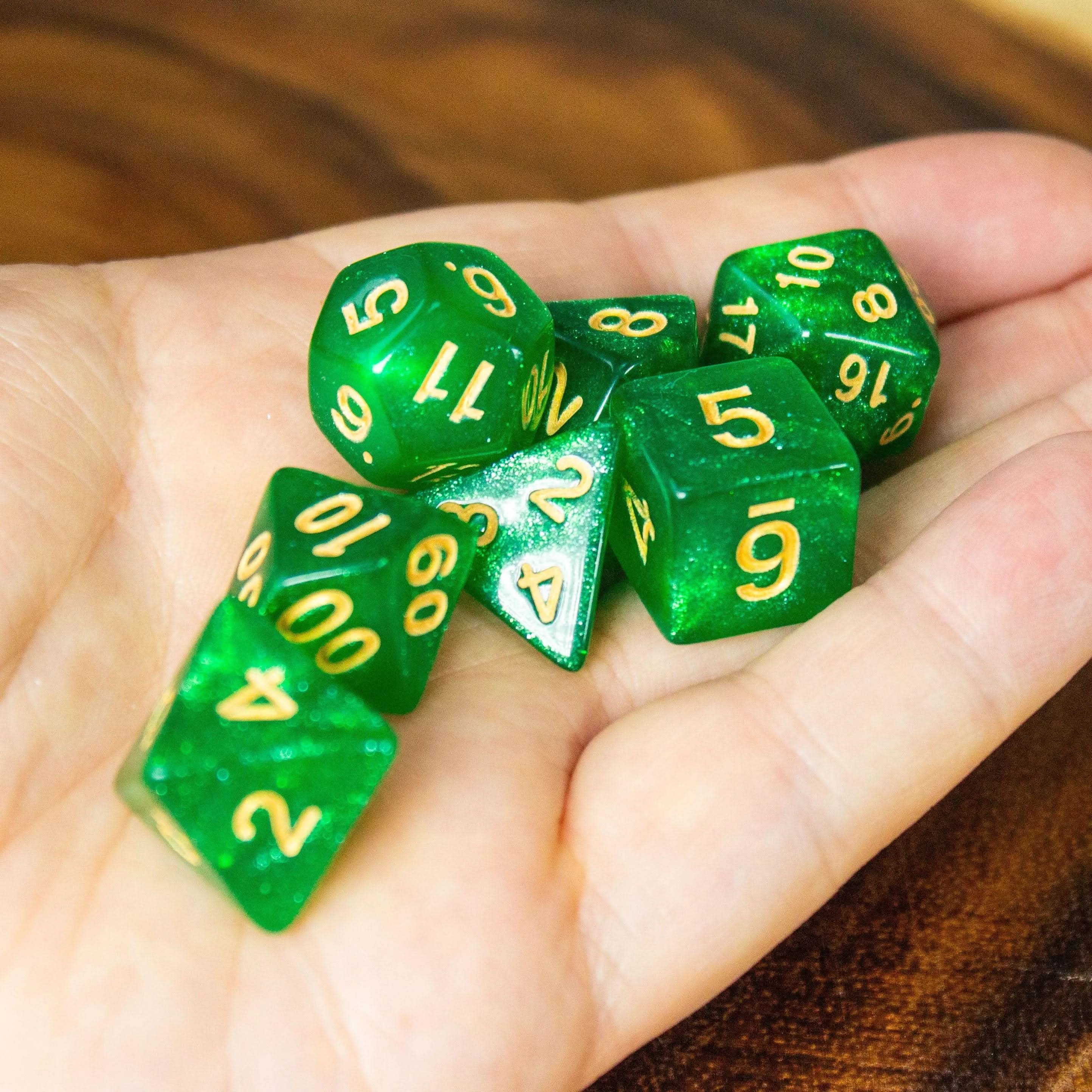 Shamrock Green Shimmer Dice Set | Dice for TTRPG | Gold Dice (7) | Polyhedral Dice | Gold Numbers - MysteryDiceGoblins