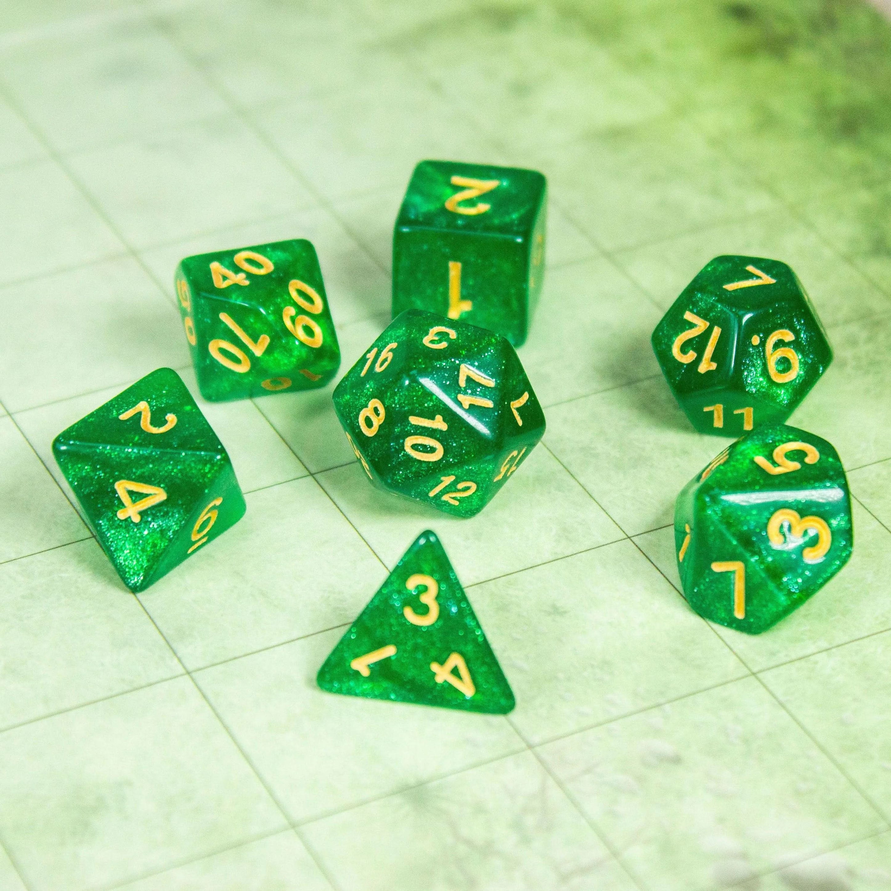 Shamrock Green Shimmer Dice Set | Dice for TTRPG | Gold Dice (7) | Polyhedral Dice | Gold Numbers - MysteryDiceGoblins