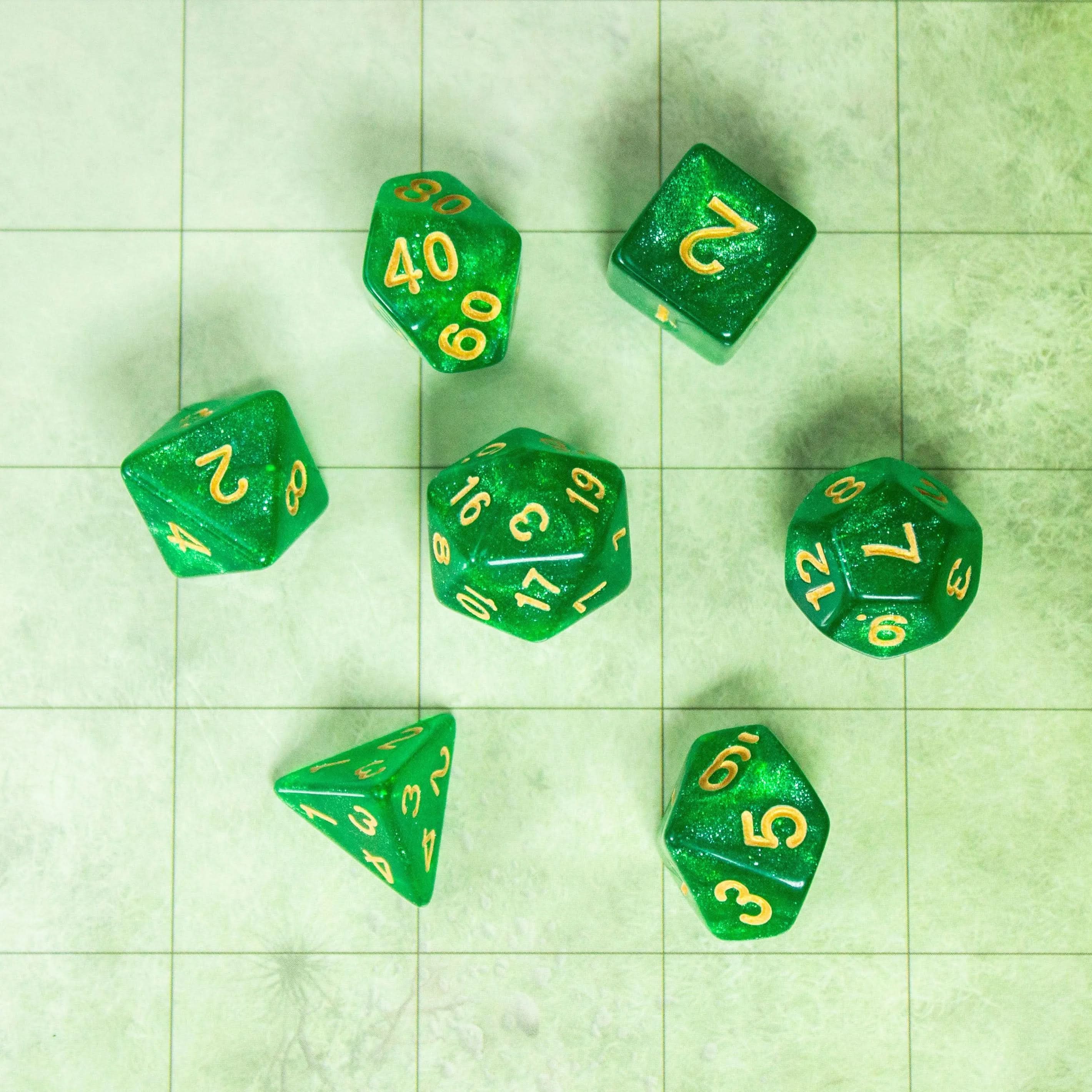 Shamrock Green Shimmer Dice Set | Dice for TTRPG | Gold Dice (7) | Polyhedral Dice | Gold Numbers - MysteryDiceGoblins