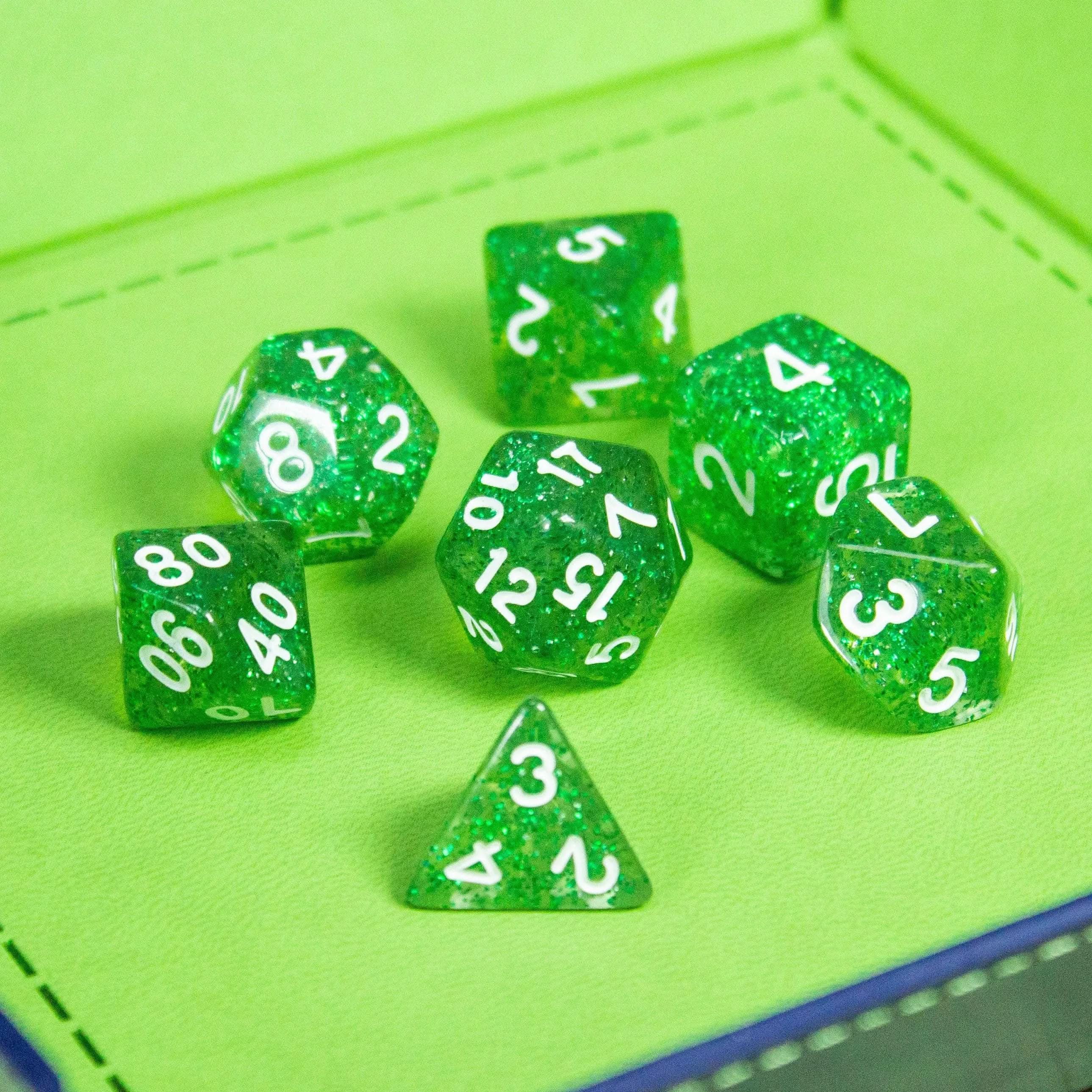Jade Green Shimmer Dice Set | Green Dice for TTRPG | Polyhedral White Dice | White Numbers - MysteryDiceGoblins