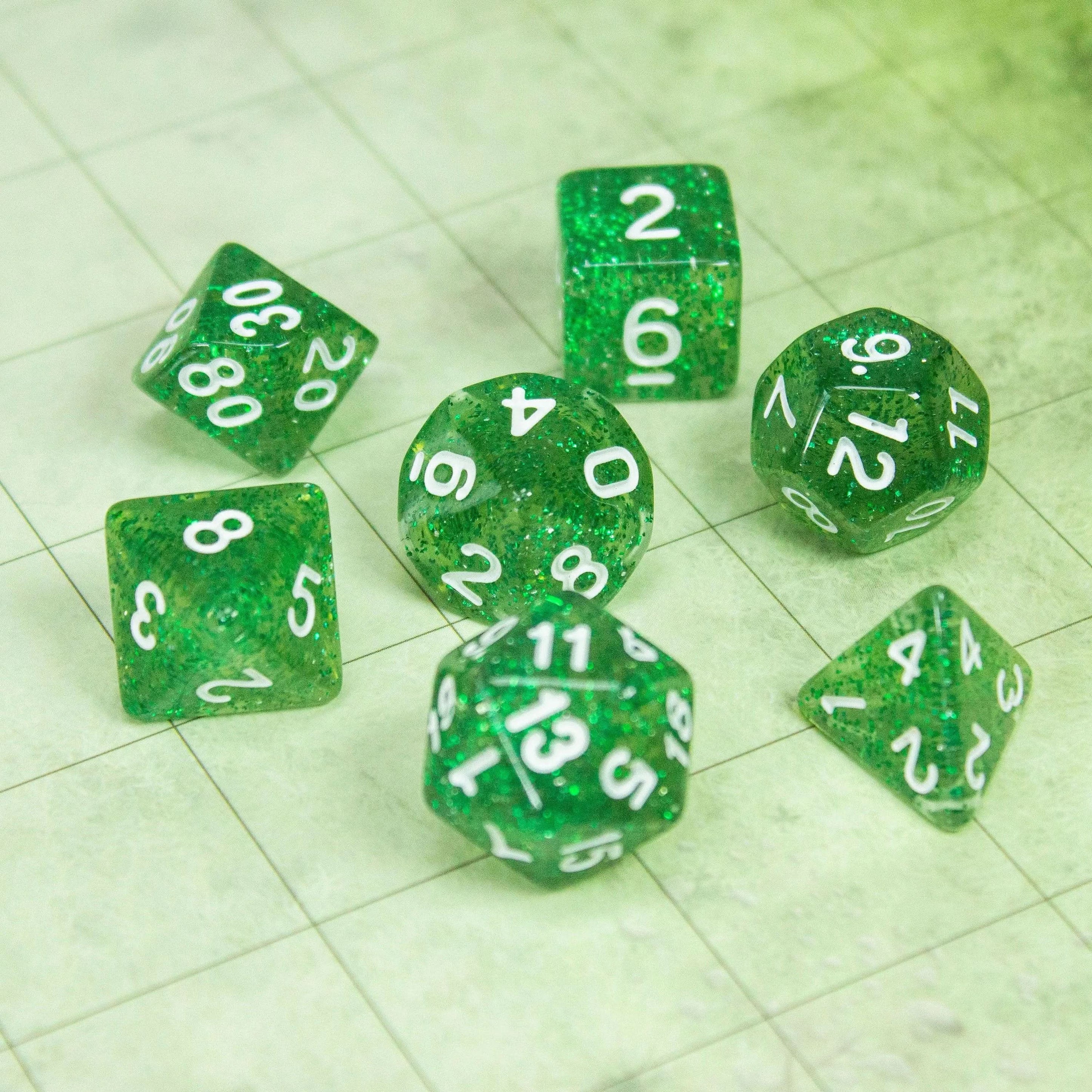 Jade Green Shimmer Dice Set | Green Dice for TTRPG | Polyhedral White Dice | White Numbers - MysteryDiceGoblins