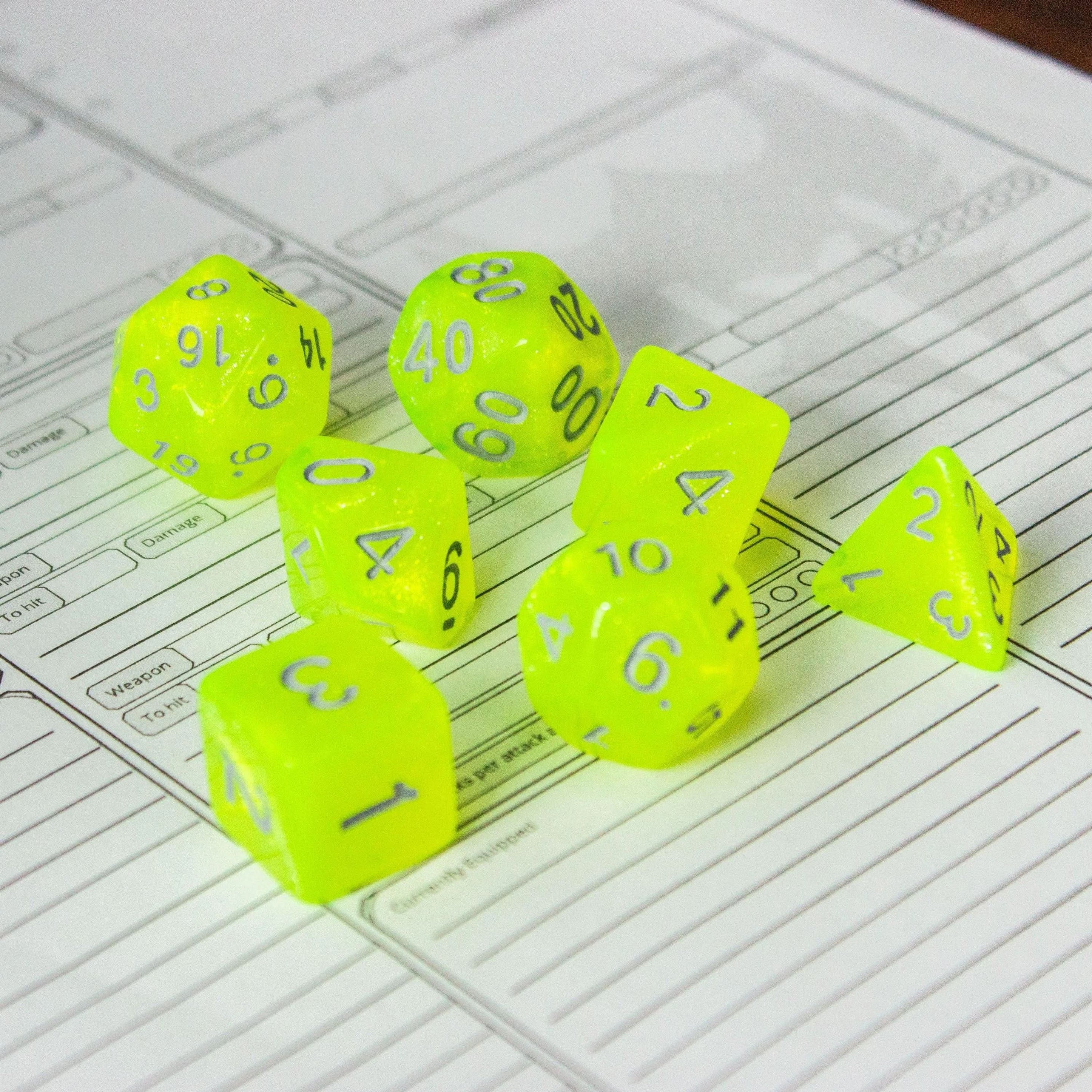 Neon Yellow Shimmer Dice Set | Green Dice for TTRPG | Polyhedral Dice | Silver Numbers - MysteryDiceGoblins