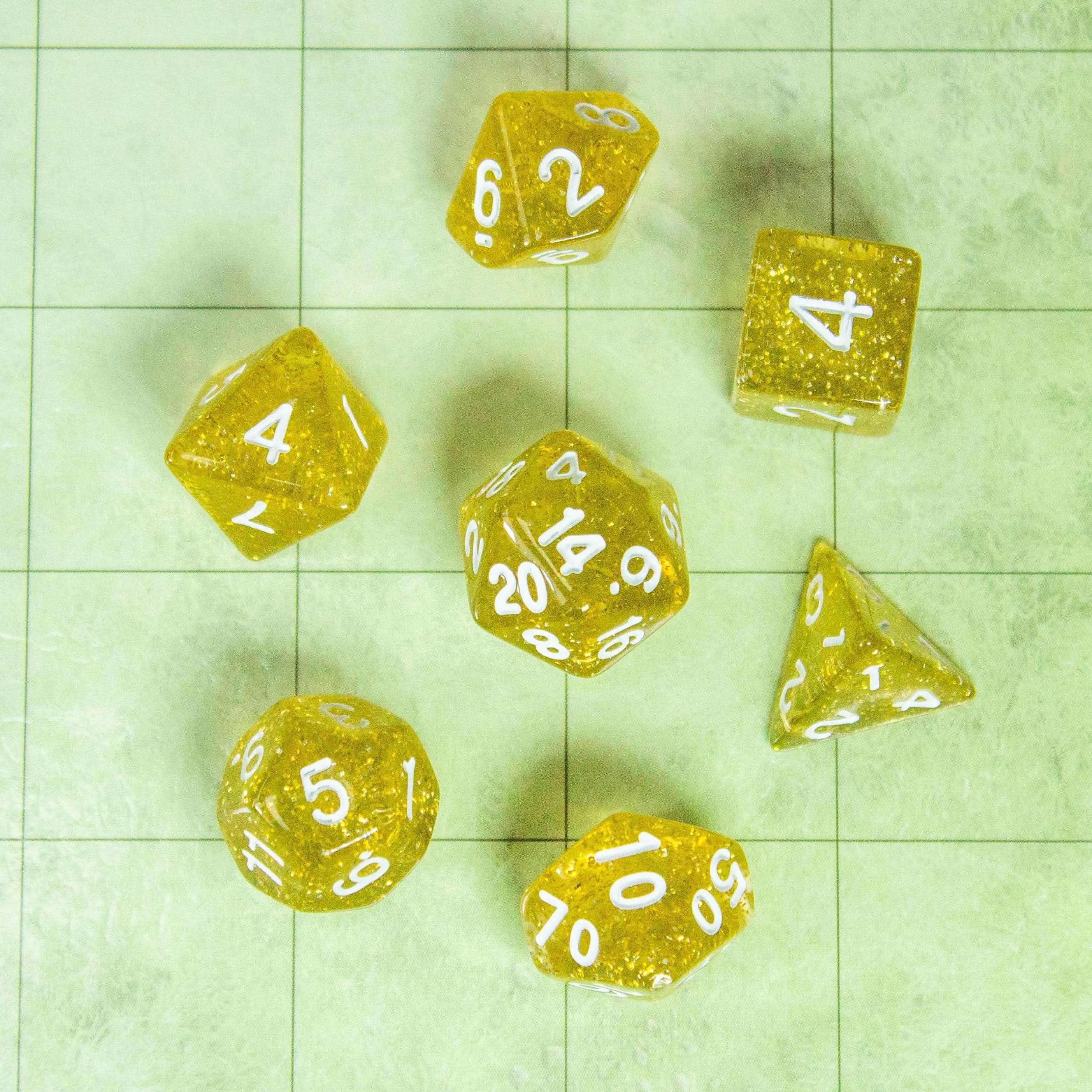 Yellow Shimmer Dice Set | Dice for TTRPG | Polyhedral White Dice | White Numbers - MysteryDiceGoblins